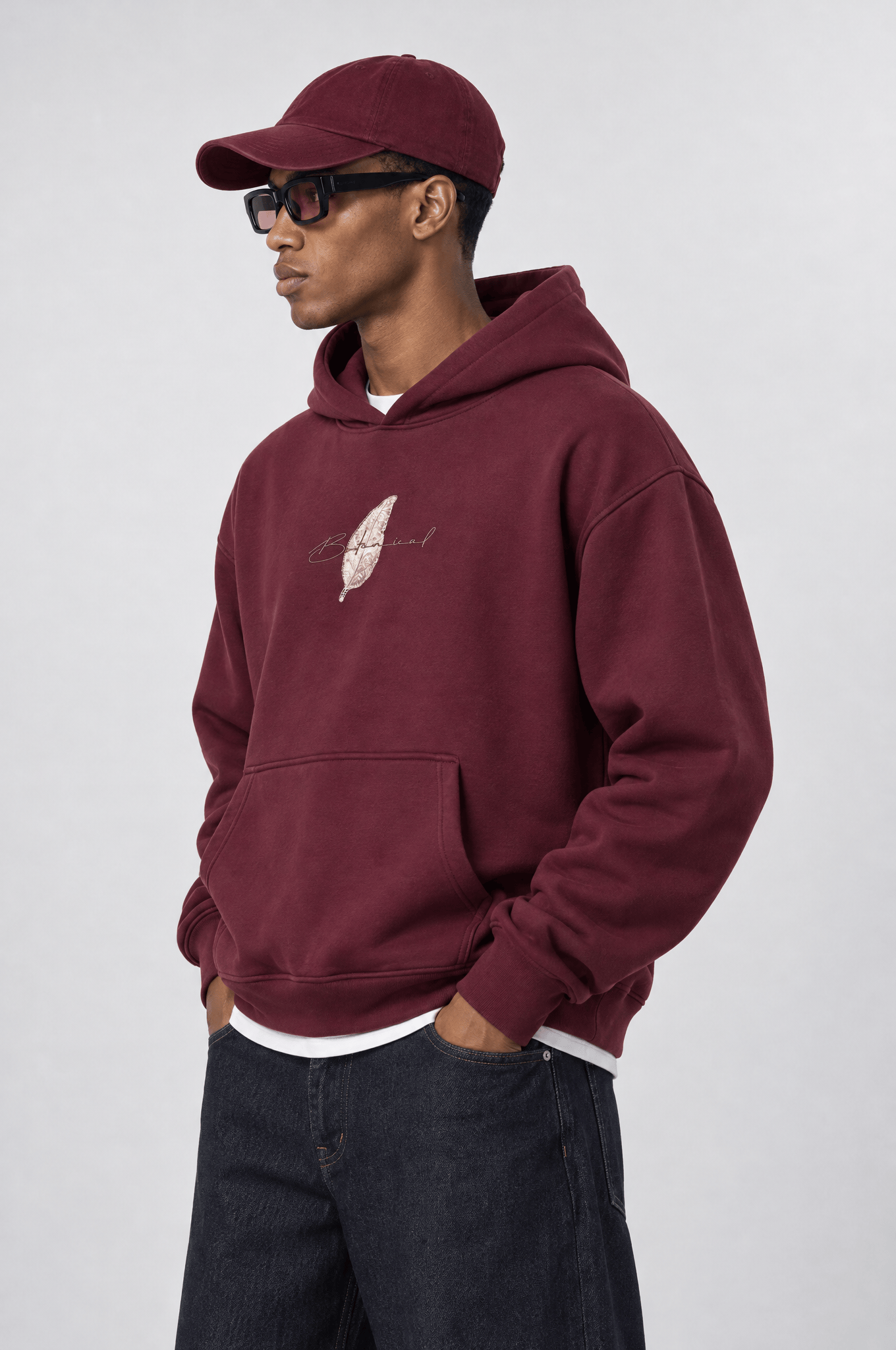 Erkek Botanical Patch Detaylı Oversize Hoodie Bordo