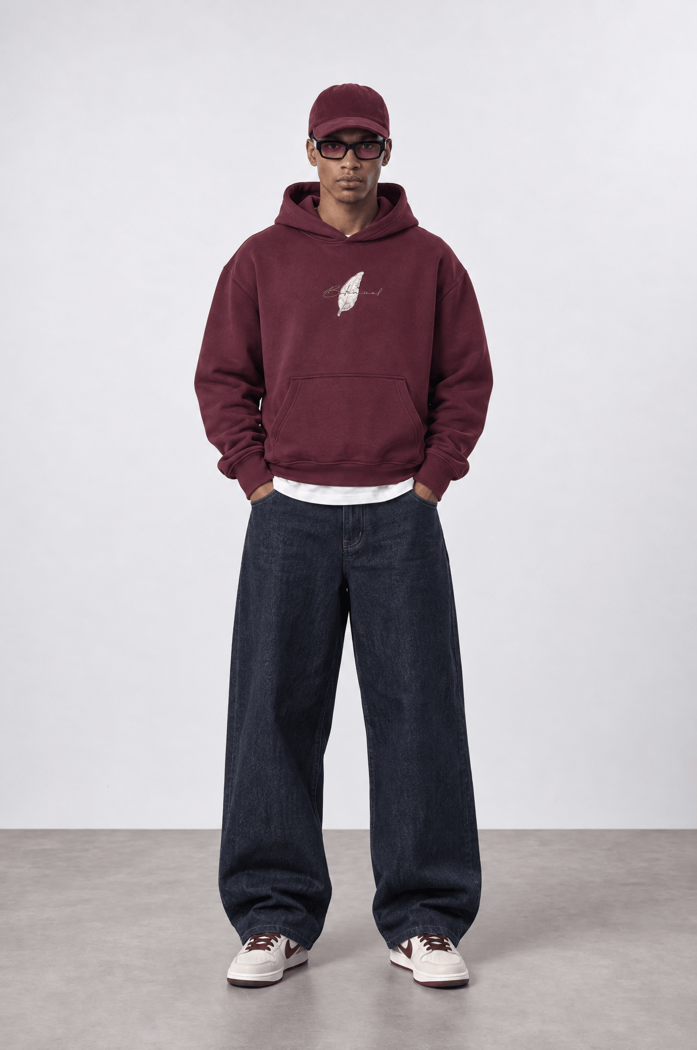 Erkek Botanical Patch Detaylı Oversize Hoodie Bordo