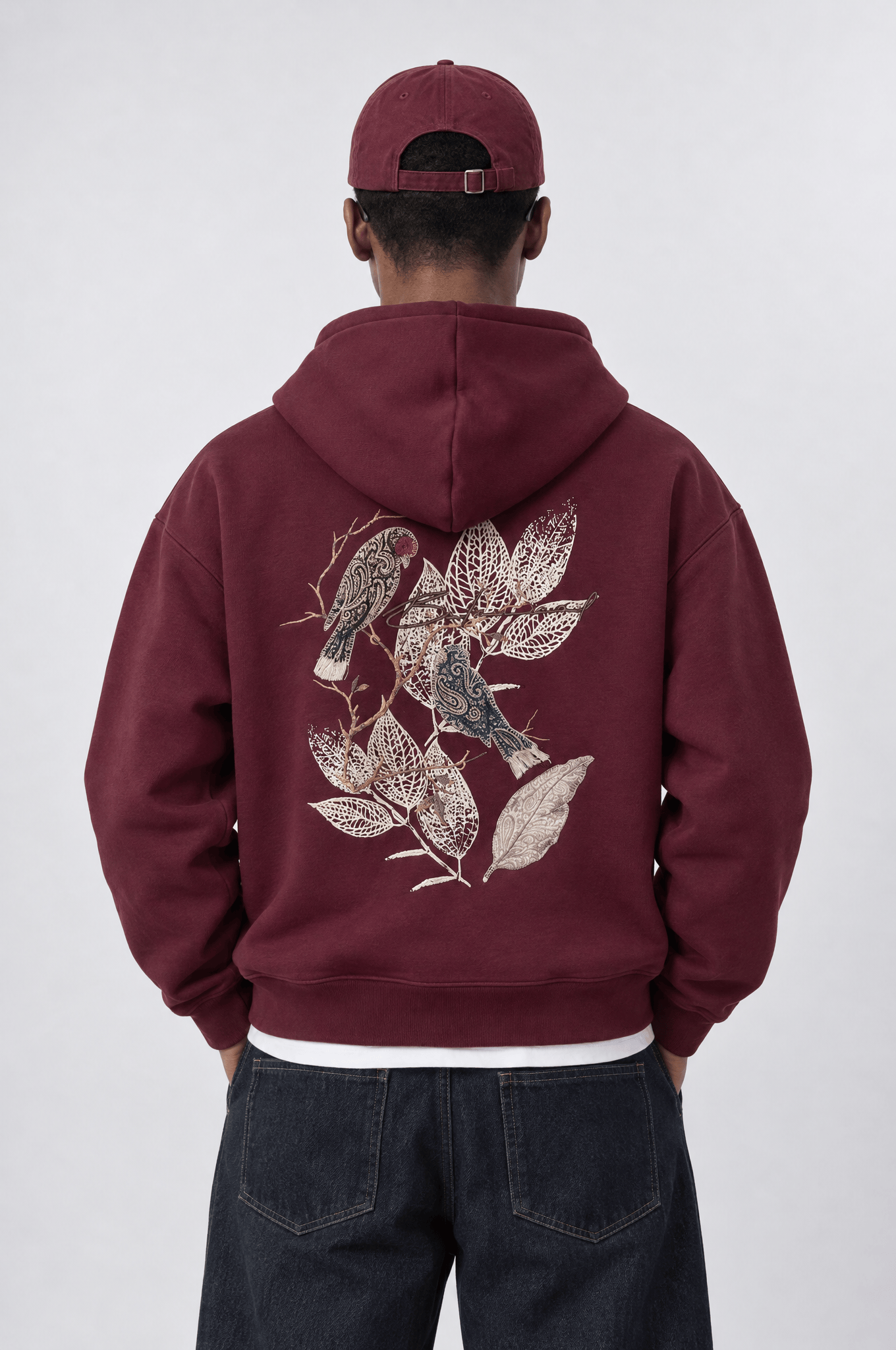 Erkek Botanical Patch Detaylı Oversize Hoodie Bordo