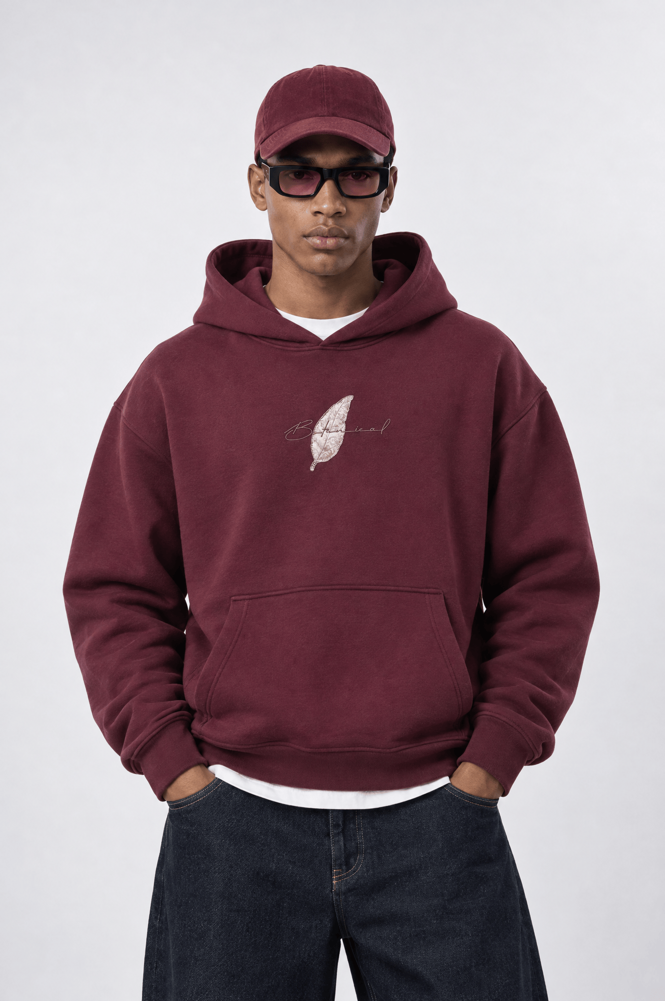 Erkek Botanical Patch Detaylı Oversize Hoodie Bordo