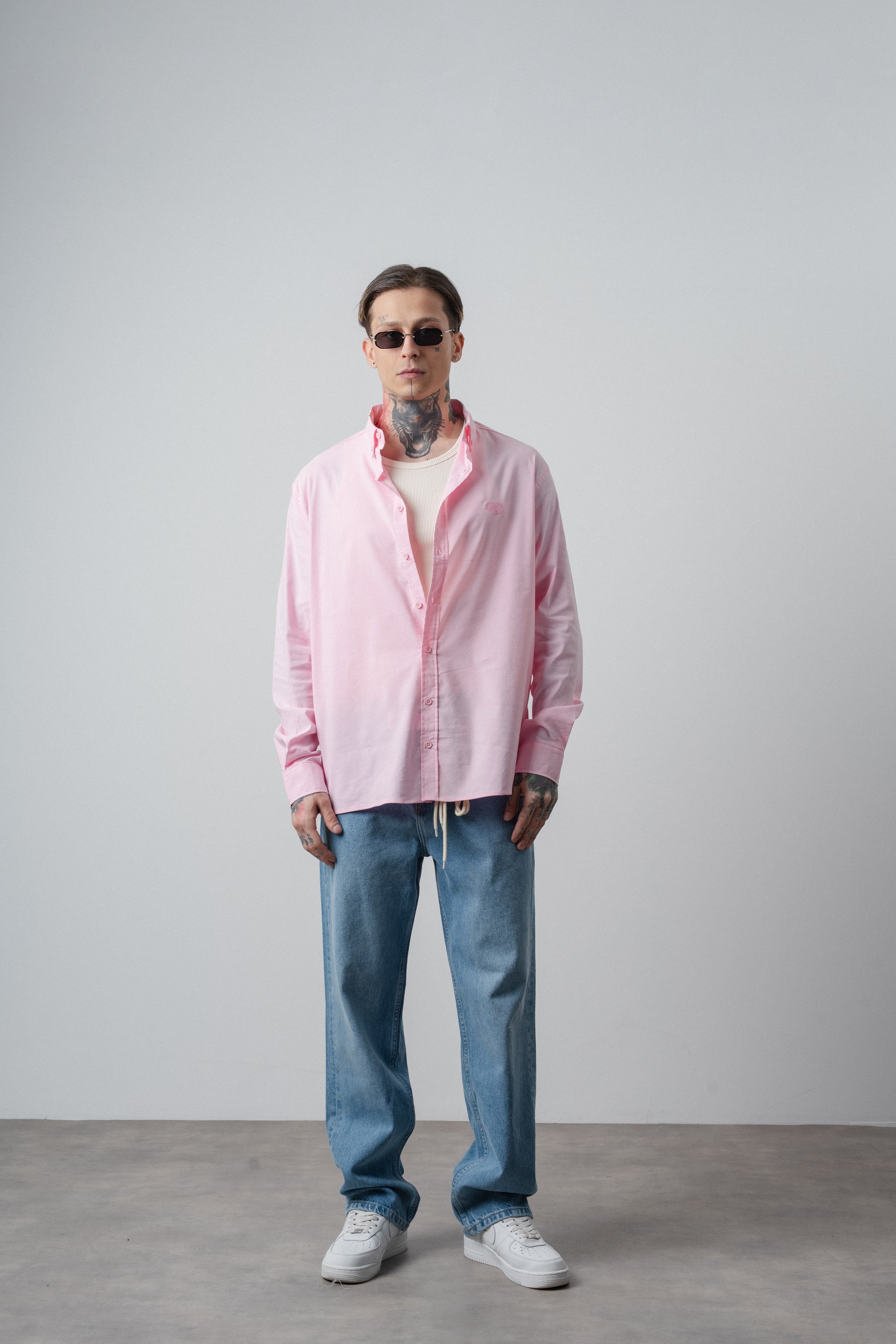 Erkek C Nakışlı Uzun Kollu Oversize Gömlek Pembe