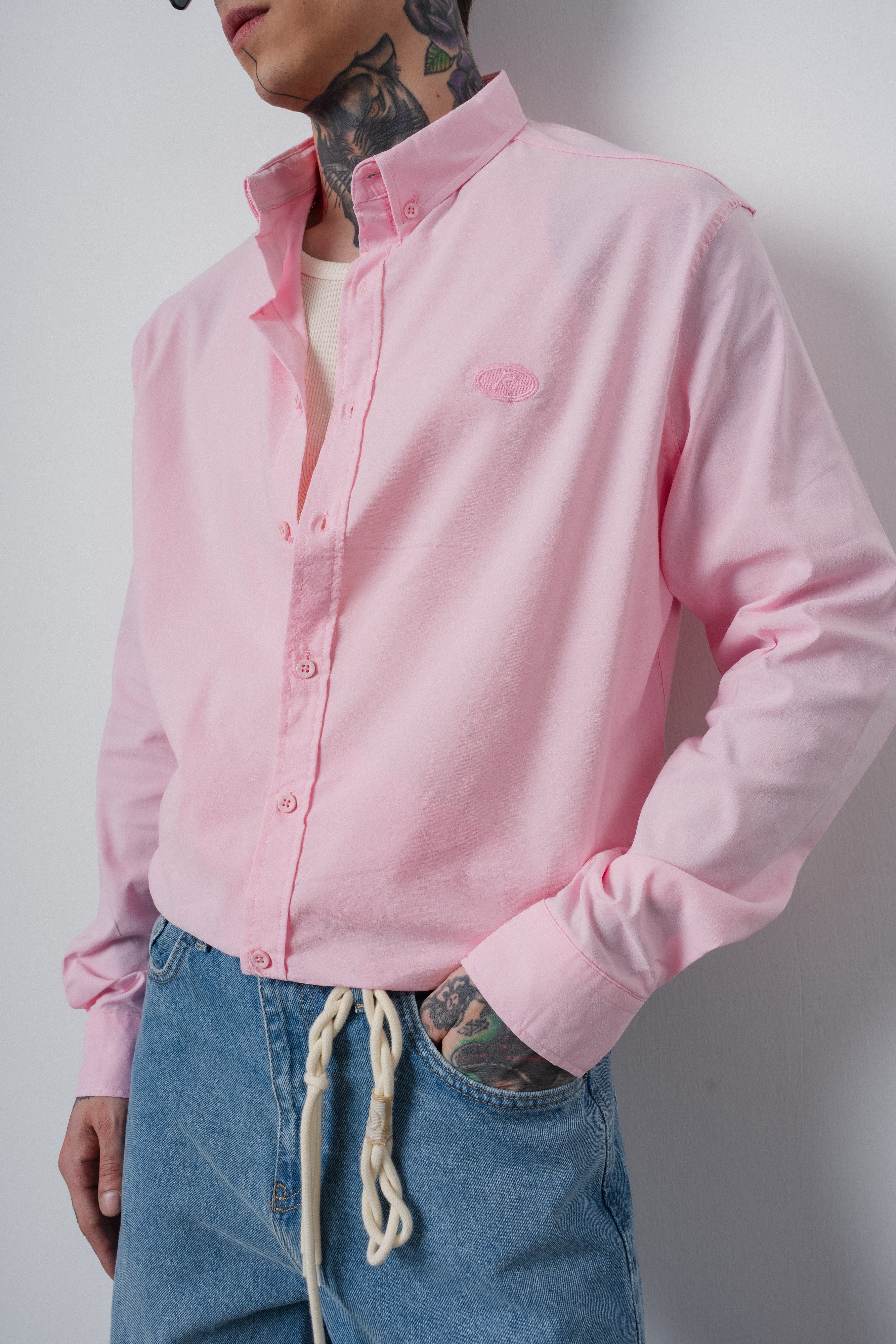 Erkek C Nakışlı Uzun Kollu Oversize Gömlek Pembe