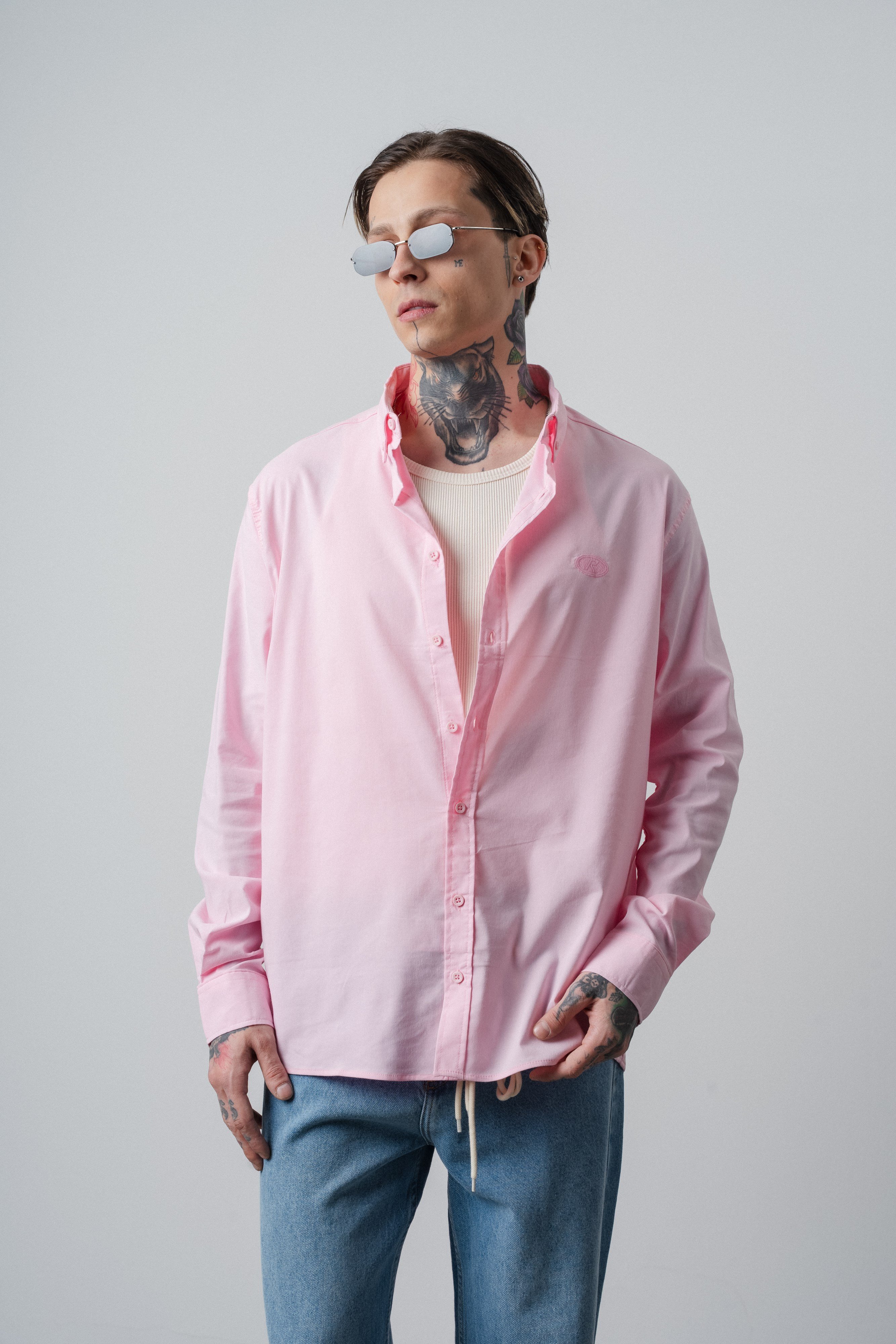 Erkek C Nakışlı Uzun Kollu Oversize Gömlek Pembe