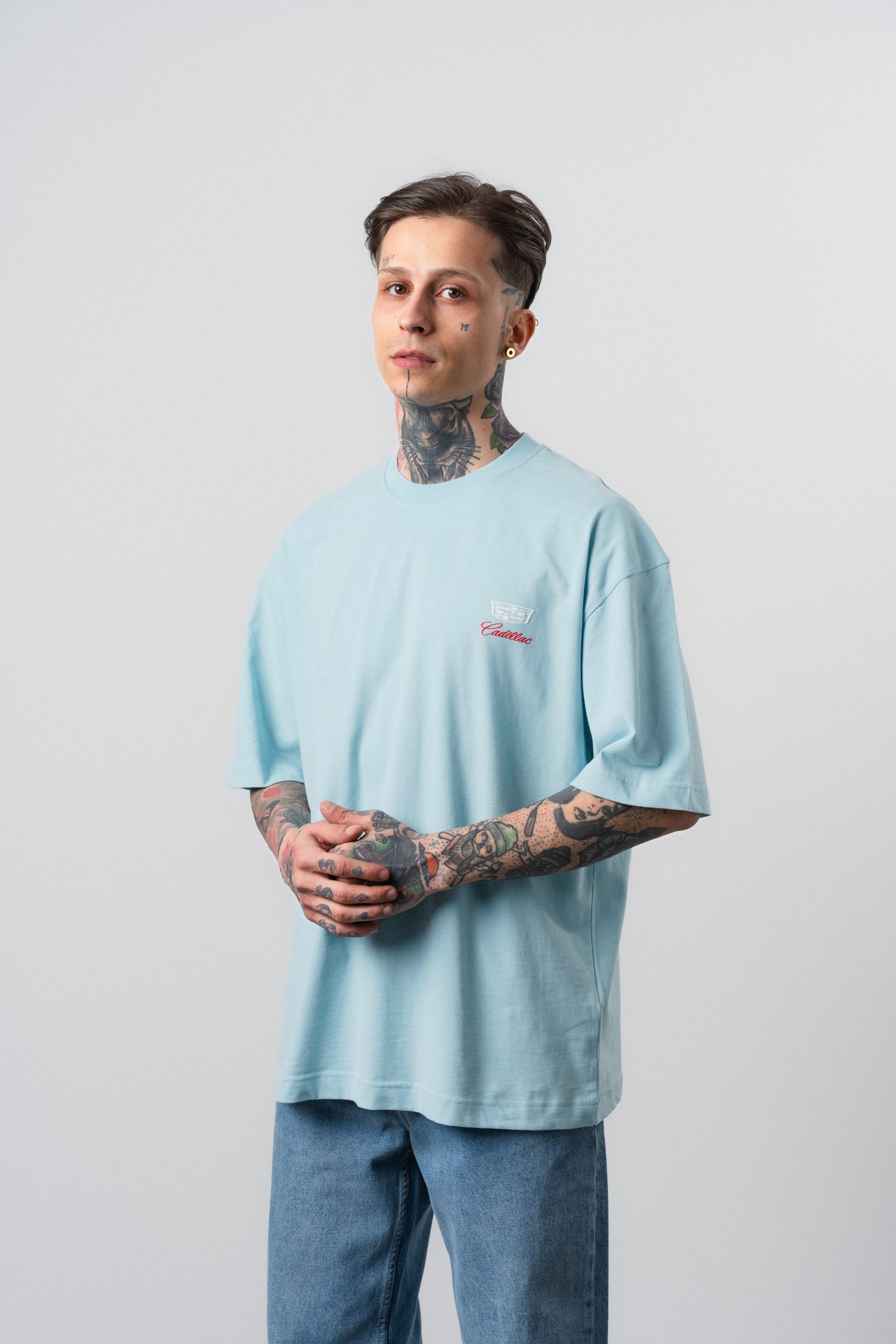 Erkek Cadillac Baskılı Oversize T-Shirt Bebe Mavi