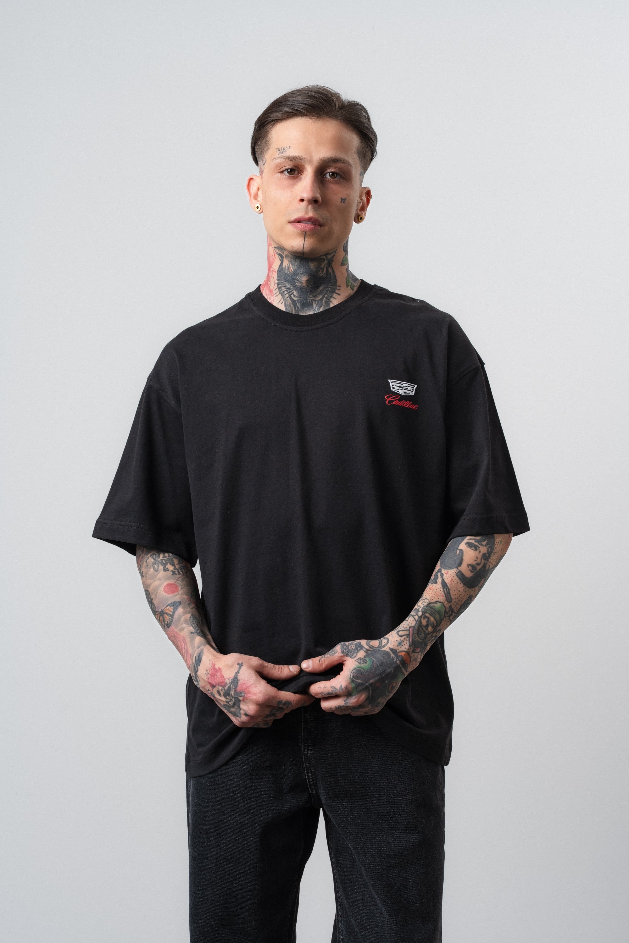 Erkek Cadillac Baskılı Oversize T-Shirt Siyah