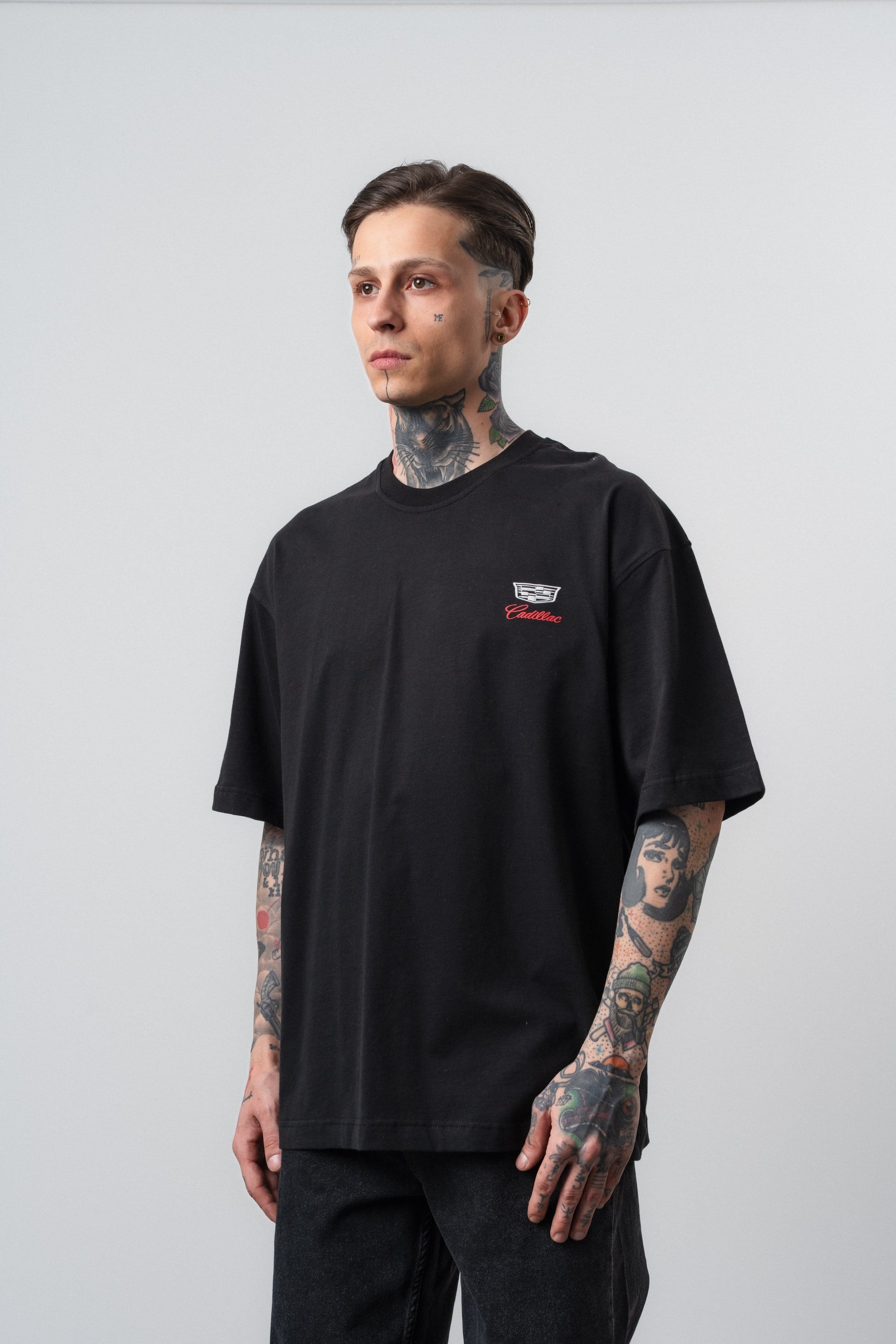 Erkek Cadillac Baskılı Oversize T-Shirt Siyah