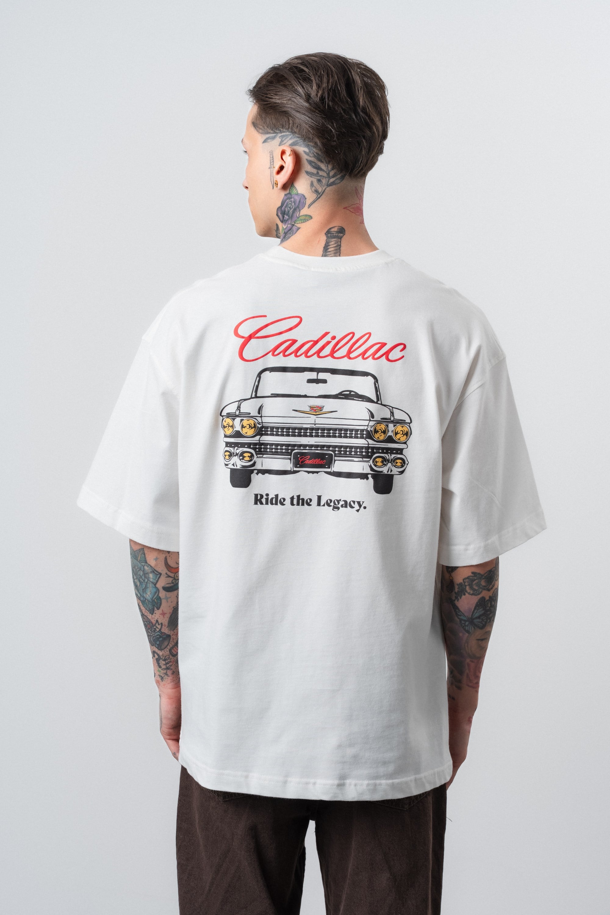 Erkek Cadillac Baskılı Oversize T-Shirt Ekru