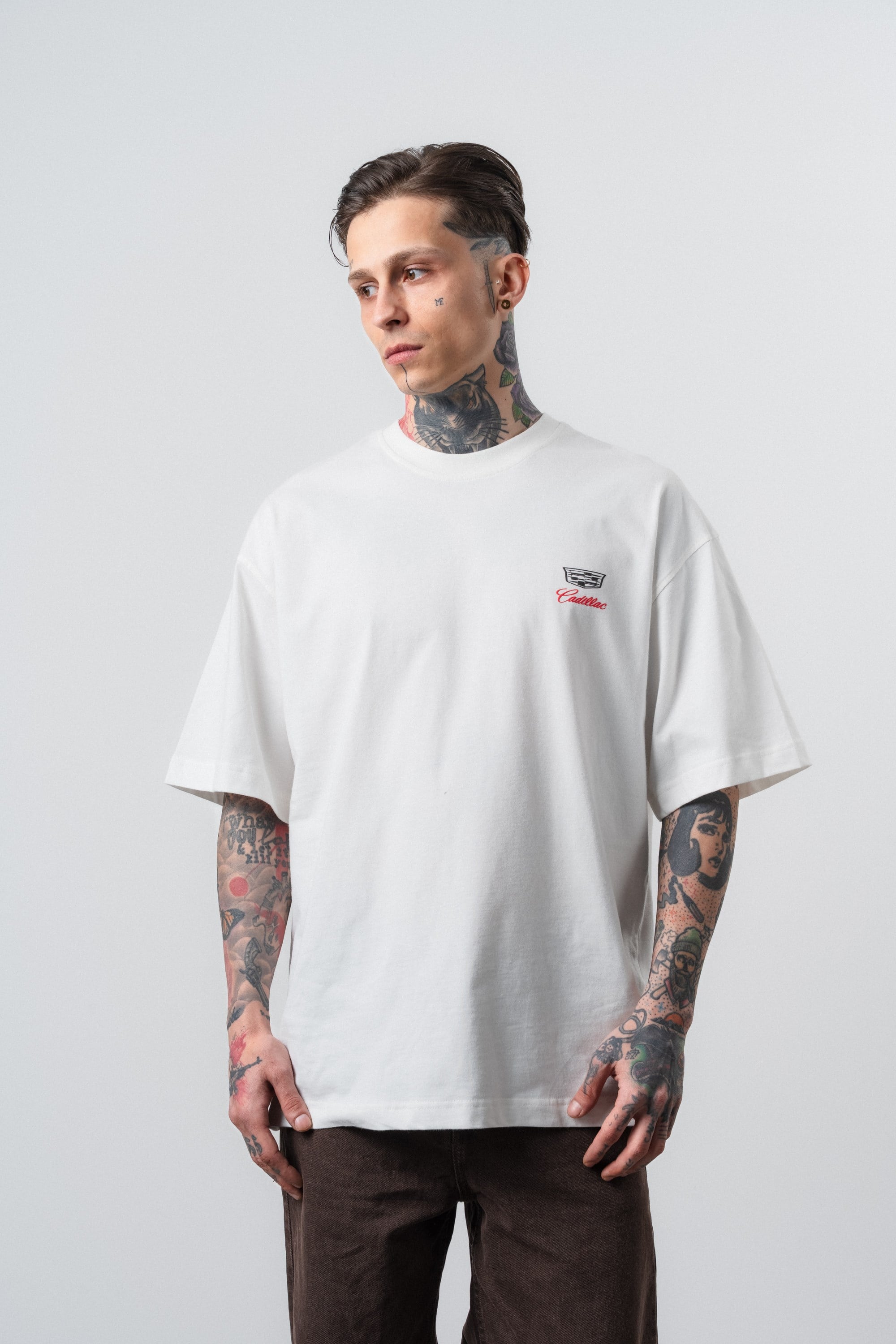 Erkek Cadillac Baskılı Oversize T-Shirt Ekru