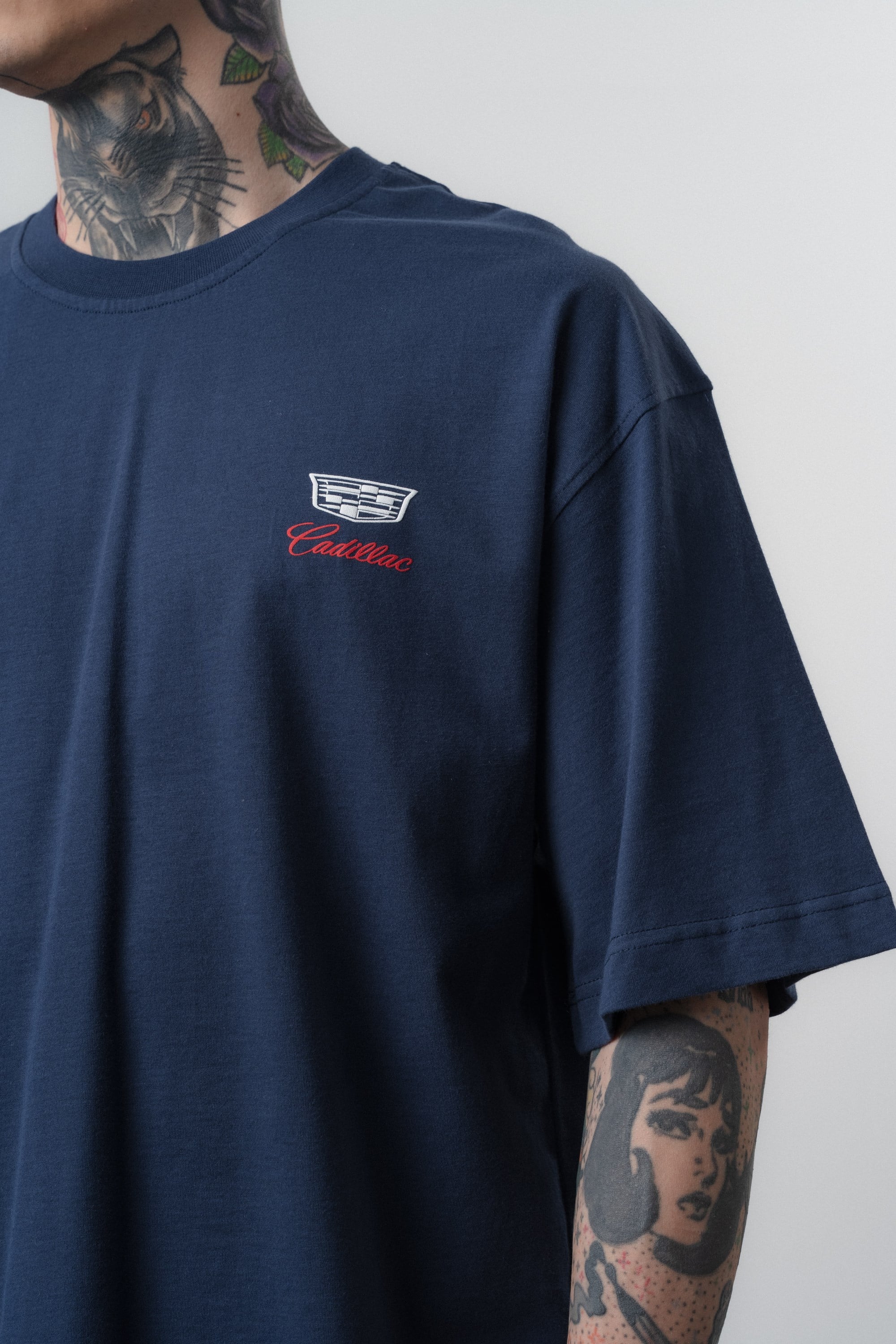 Erkek Cadillac Baskılı Oversize T-Shirt Lacivert
