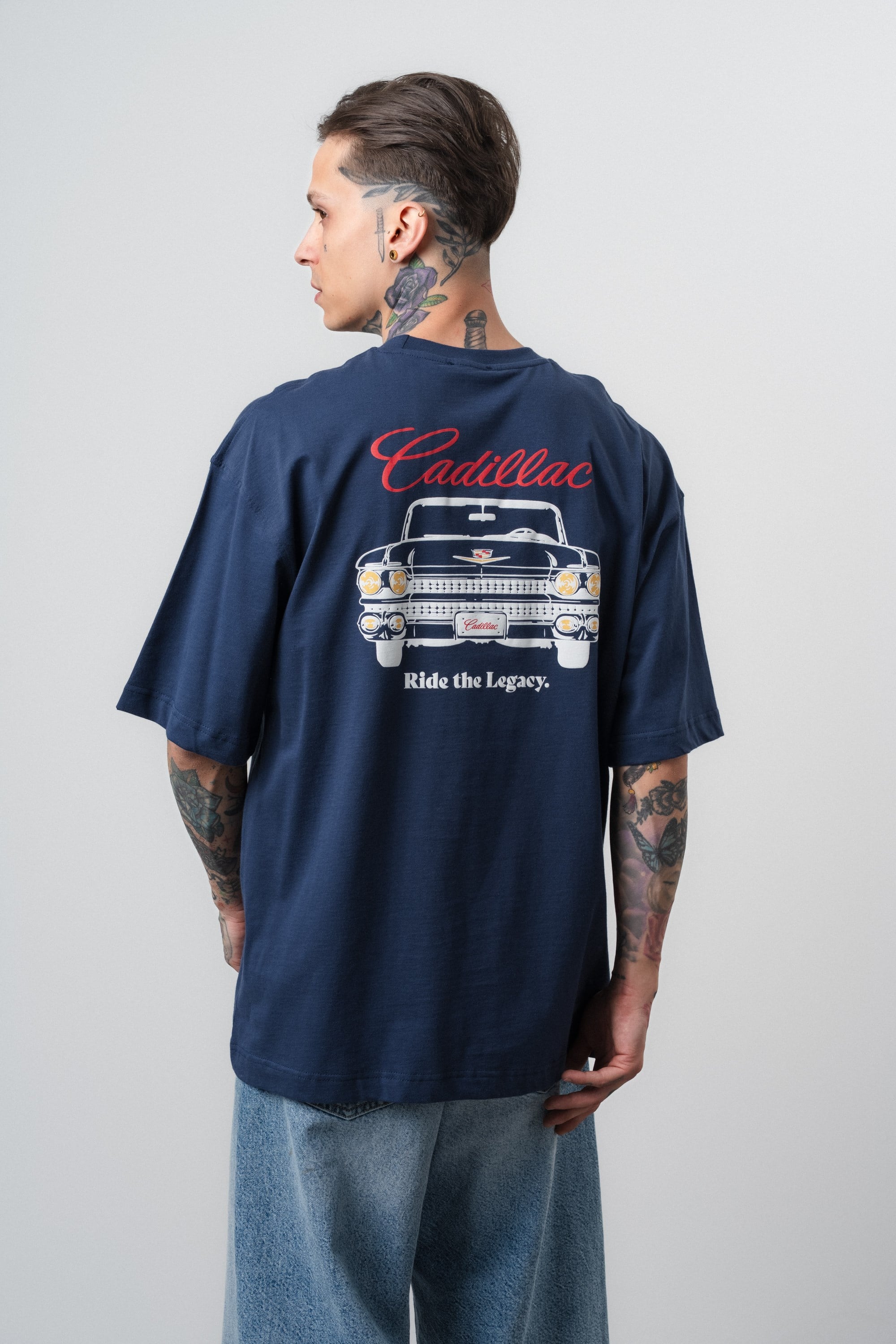 Erkek Cadillac Baskılı Oversize T-Shirt Lacivert