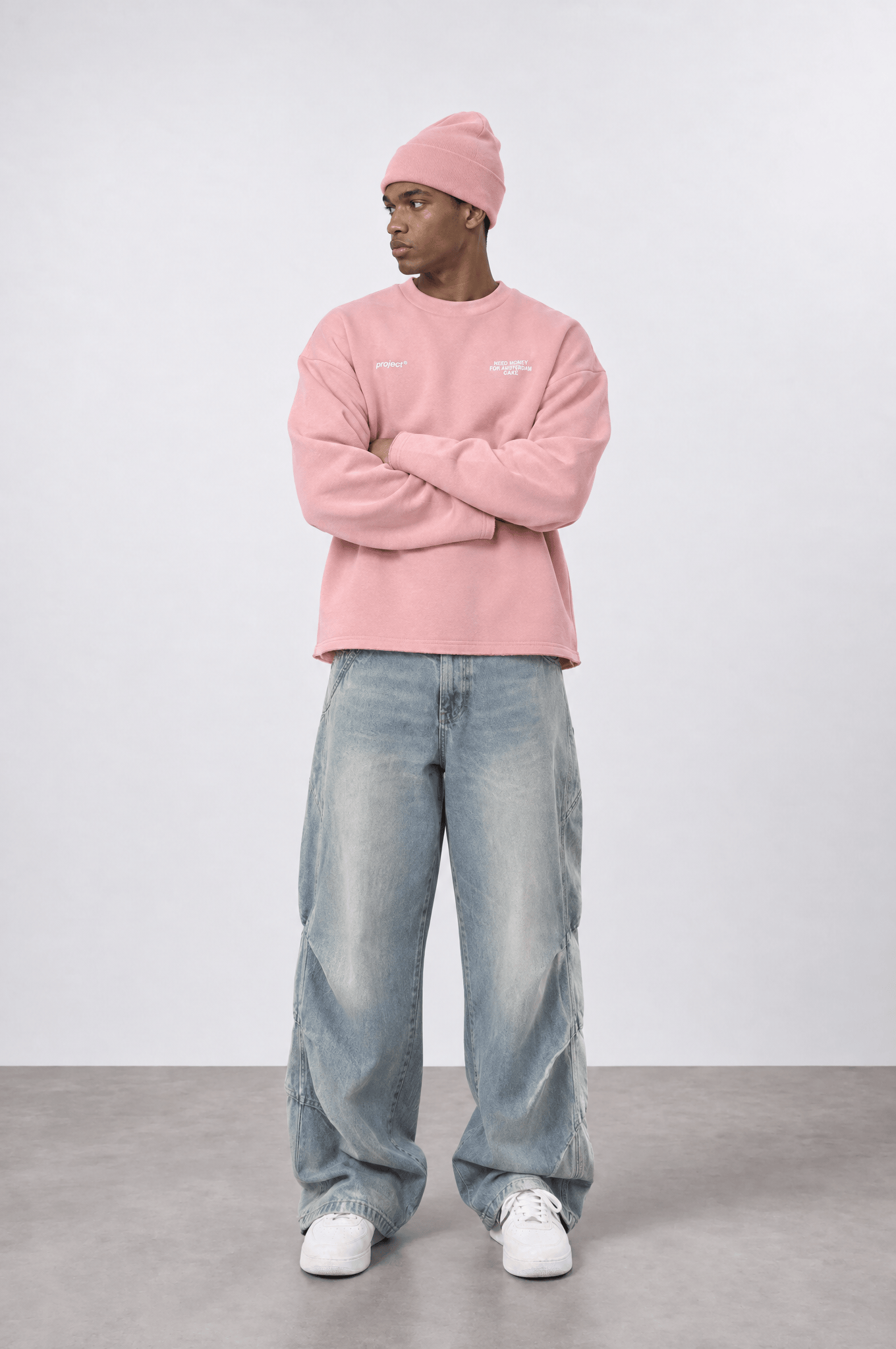 Erkek Cake Baskılı Pis Dikiş Detaylı Oversize Sweatshirt Pembe