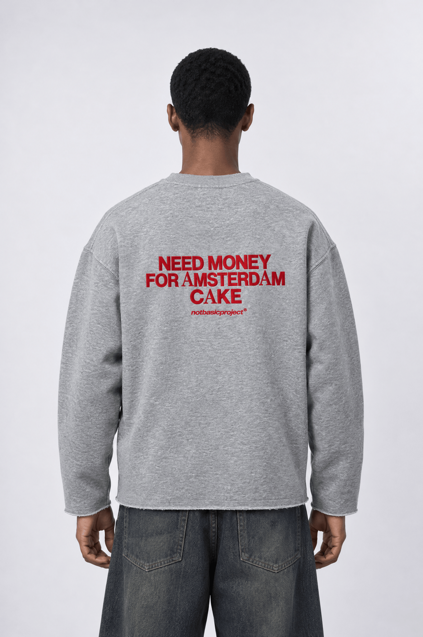 Erkek Cake Baskılı Pis Dikiş Detaylı Oversize Sweatshirt Gri Melanj