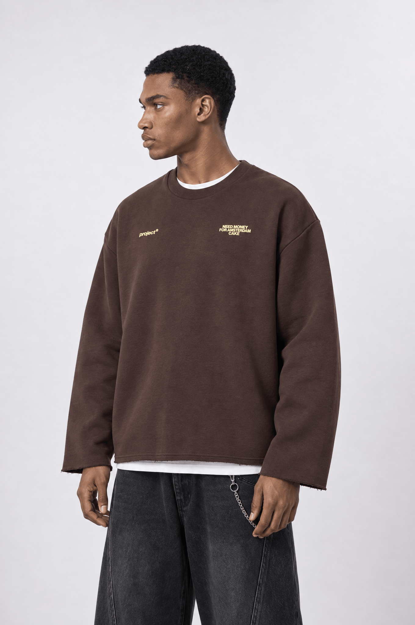 Erkek Cake Baskılı Pis Dikiş Detaylı Oversize Sweatshirt Kahve