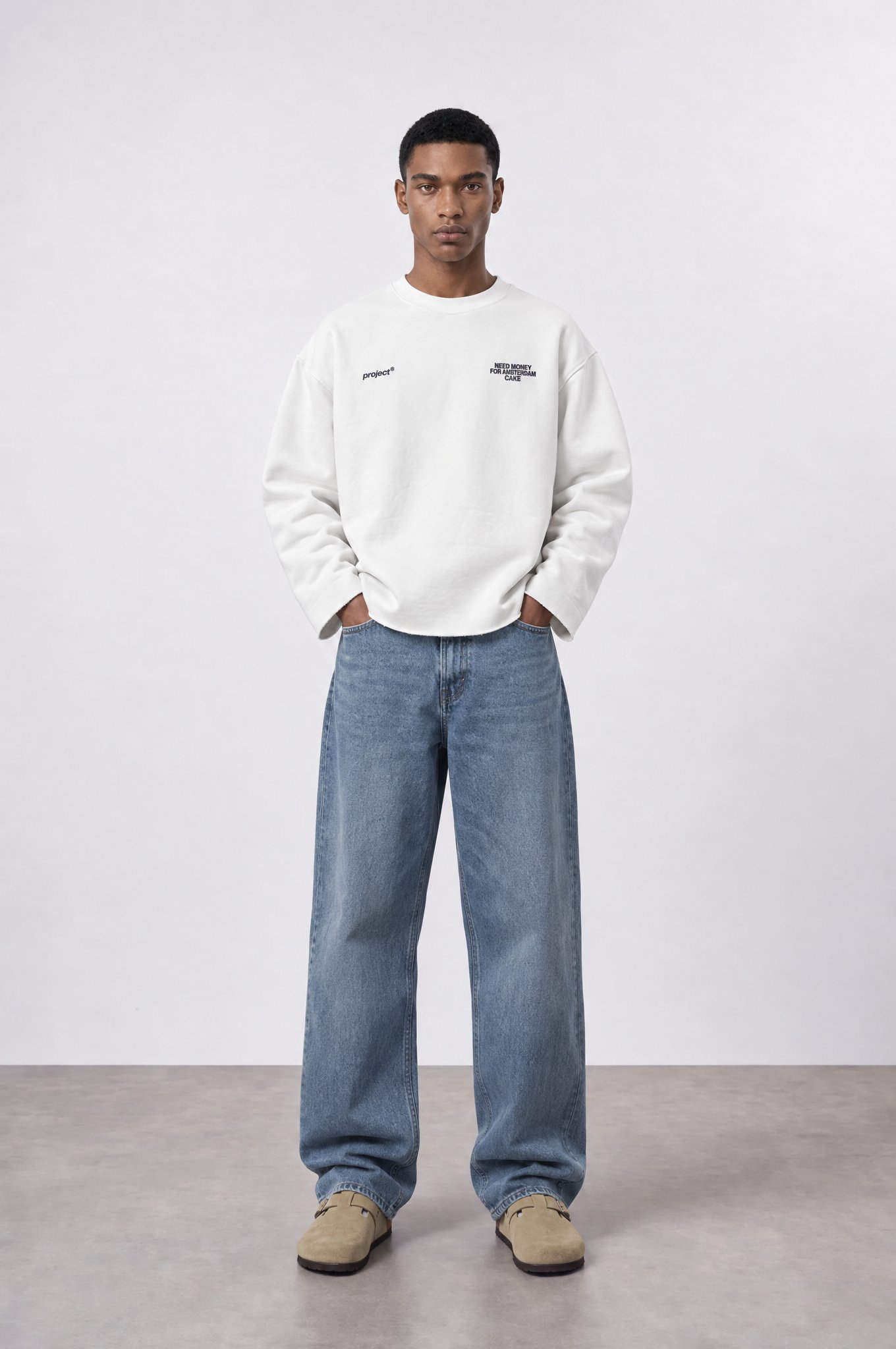 Erkek Cake Baskılı Pis Dikiş Detaylı Oversize Sweatshirt Ekru