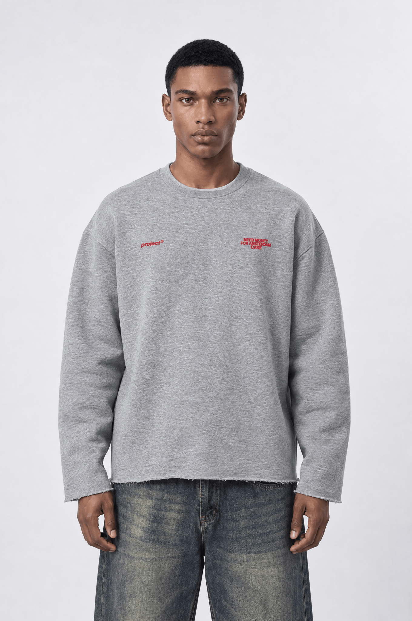 Erkek Cake Baskılı Pis Dikiş Detaylı Oversize Sweatshirt Gri Melanj