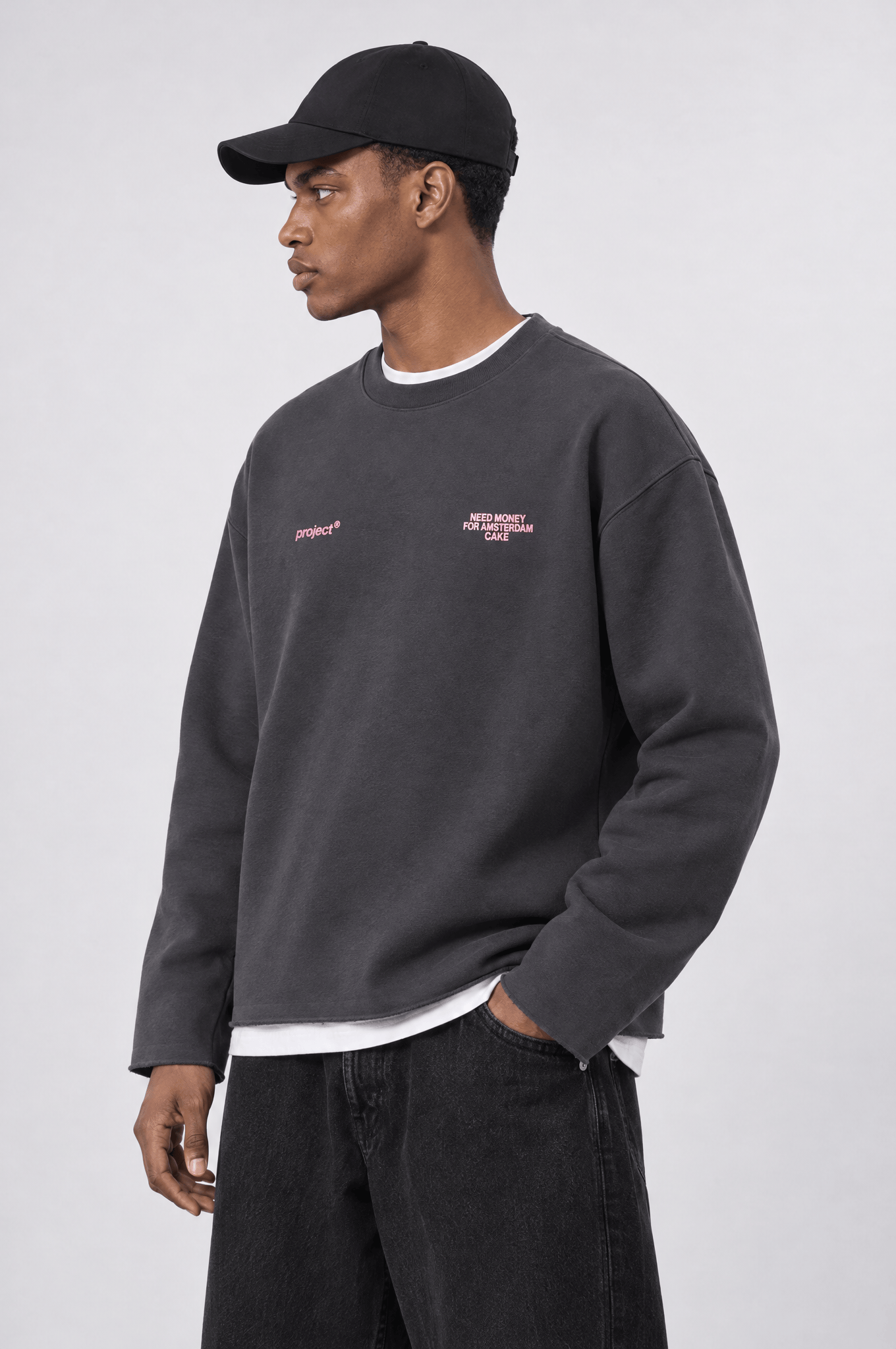 Erkek Cake Baskılı Pis Dikiş Detaylı Oversize Sweatshirt Füme