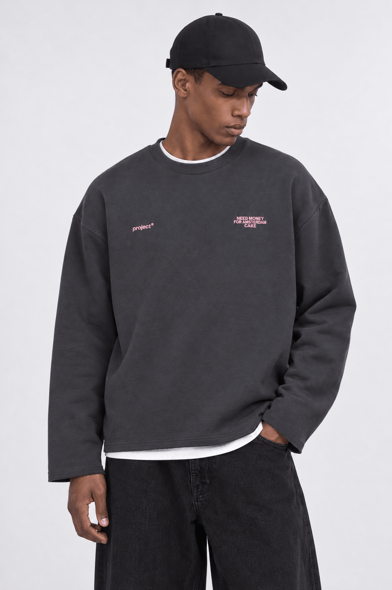 Erkek Cake Baskılı Pis Dikiş Detaylı Oversize Sweatshirt Füme