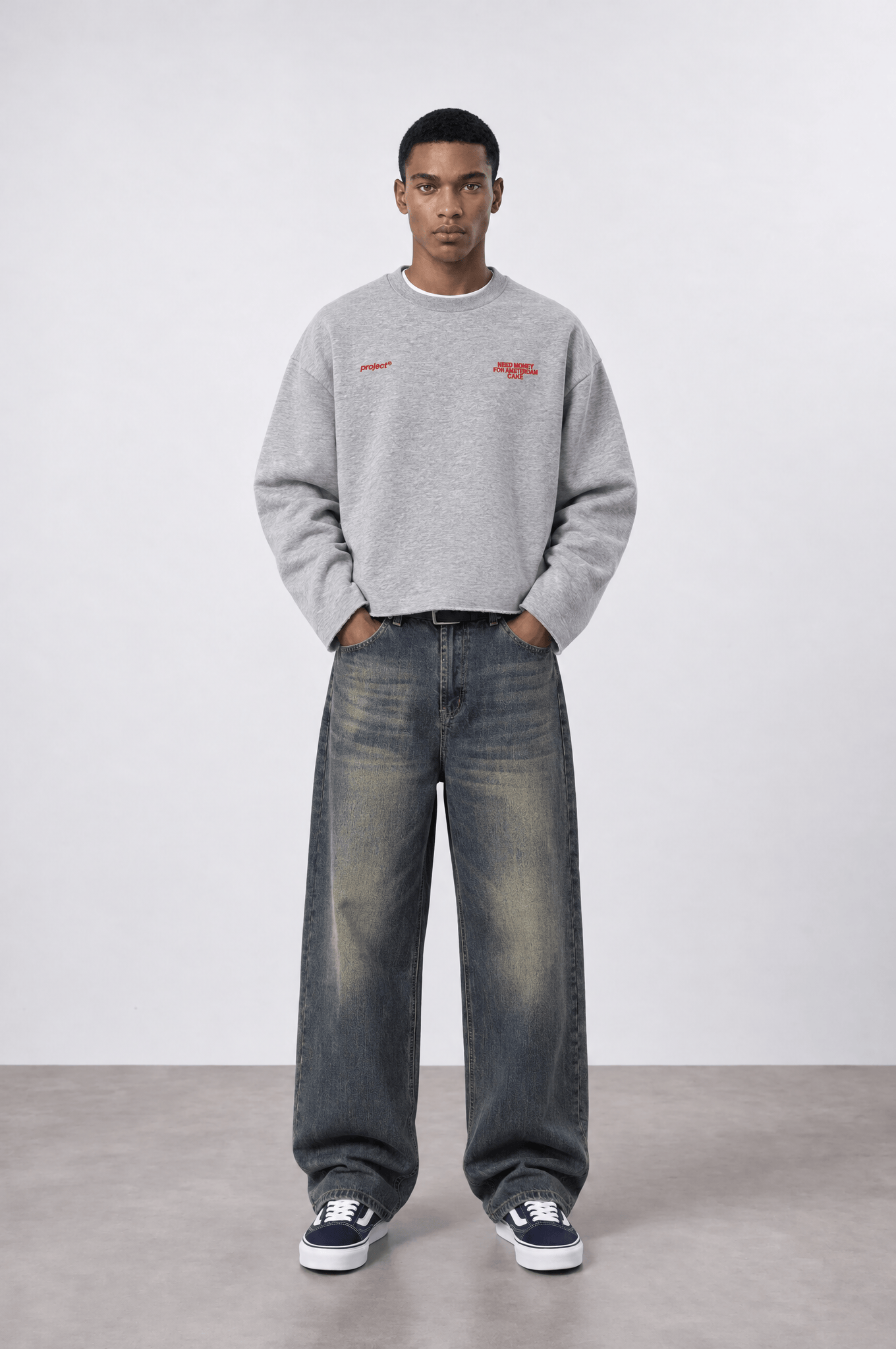 Erkek Cake Baskılı Pis Dikiş Detaylı Oversize Sweatshirt Gri Melanj