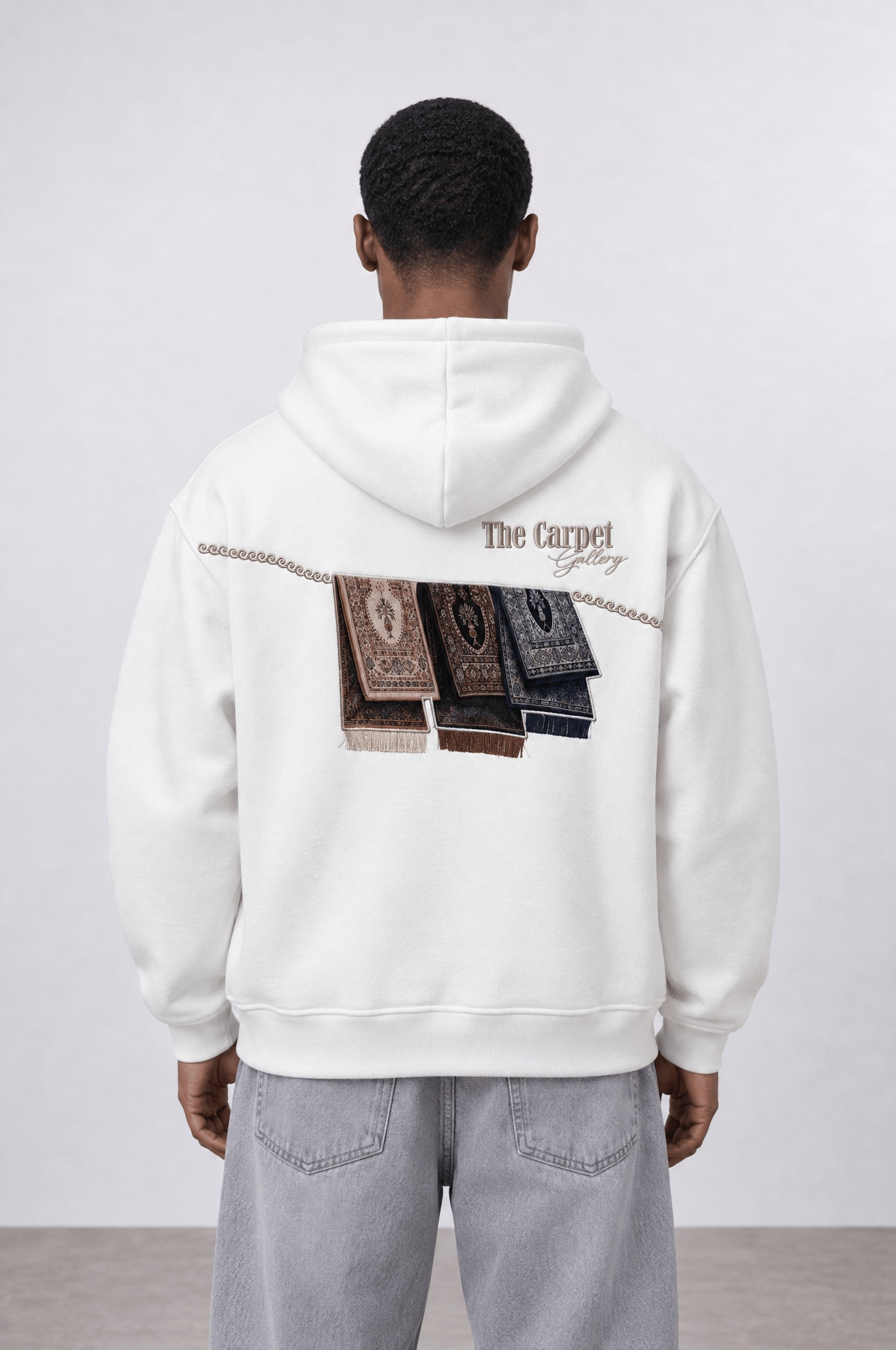 Erkek Carpet Patch Detaylı Oversize Hoodie Ekru