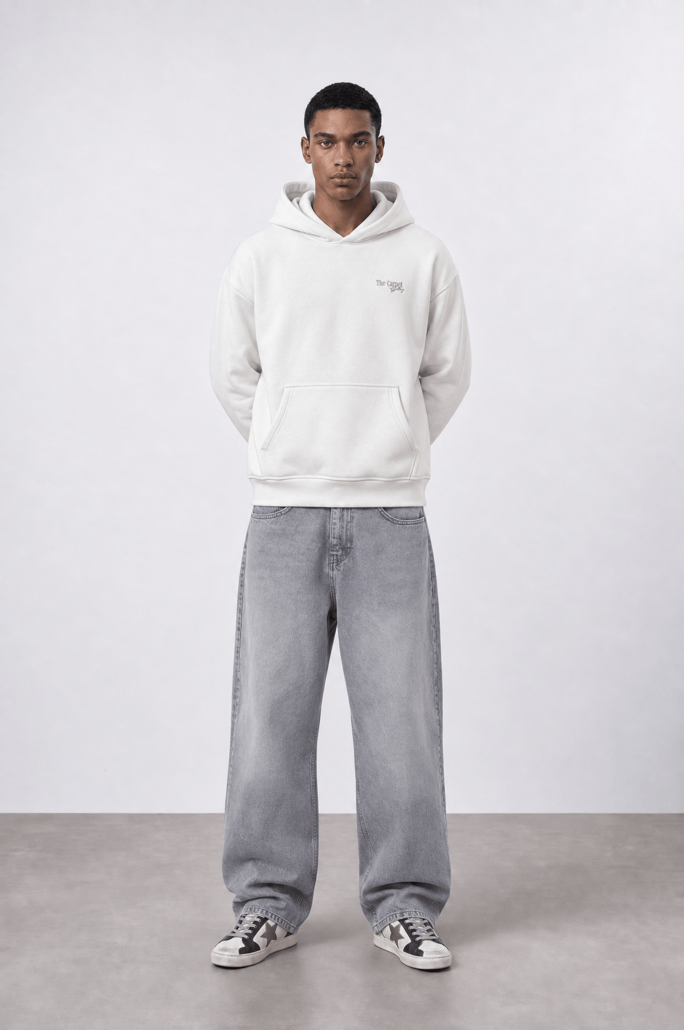 Erkek Carpet Patch Detaylı Oversize Hoodie Ekru