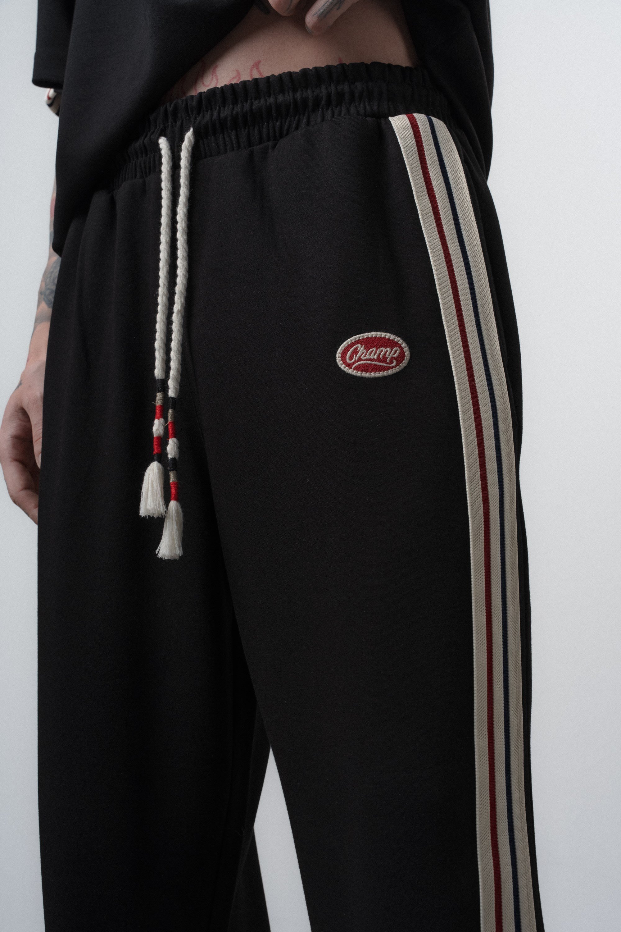 Erkek Champ Şerit Detaylı Baggy Eşofman Altı Siyah