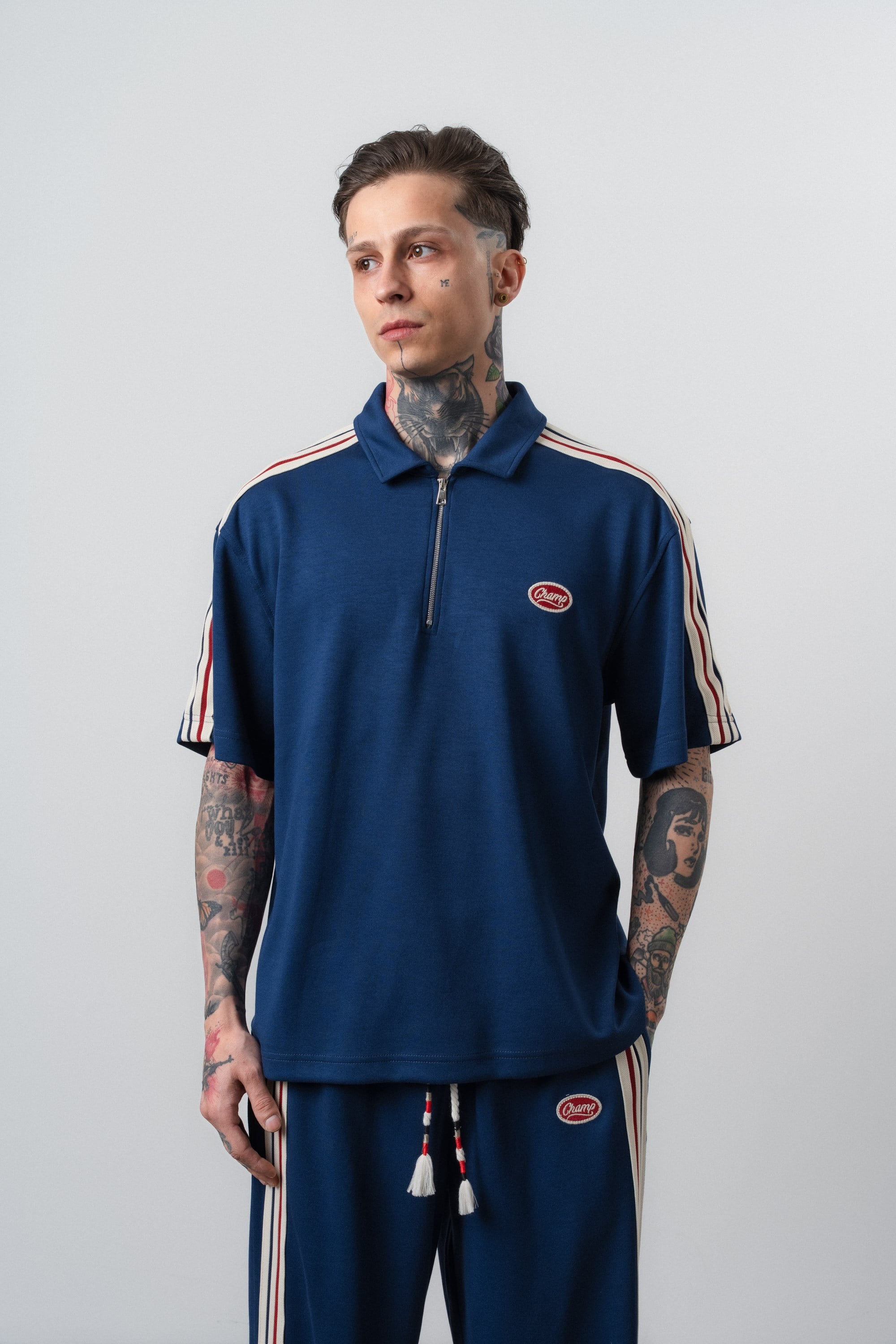 Erkek Champ Şerit Detaylı Regular Fit T-Shirt Lacivert