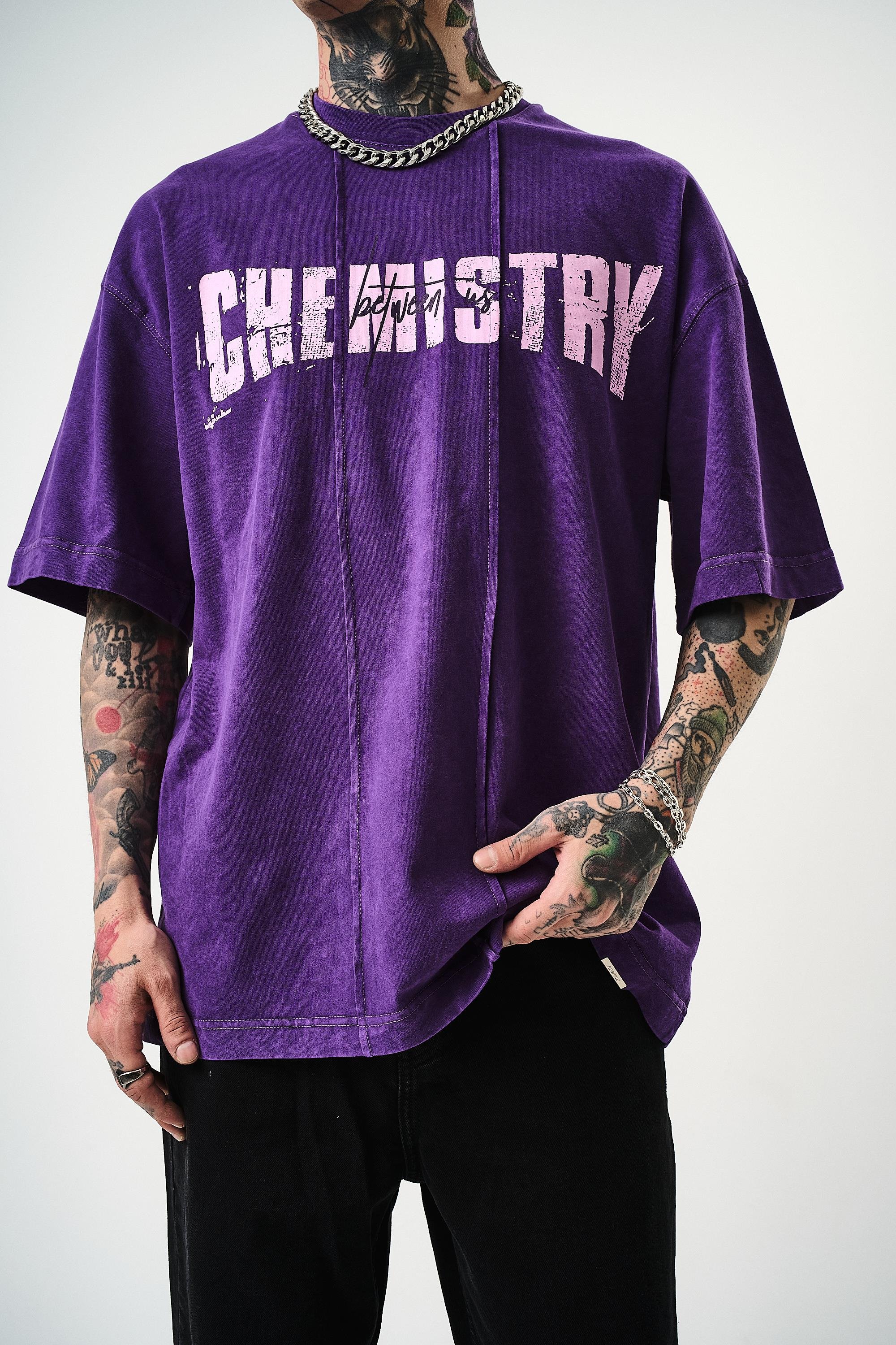 Erkek Chemistry Baskılı Yıkamalı Oversize T-Shirt Mor