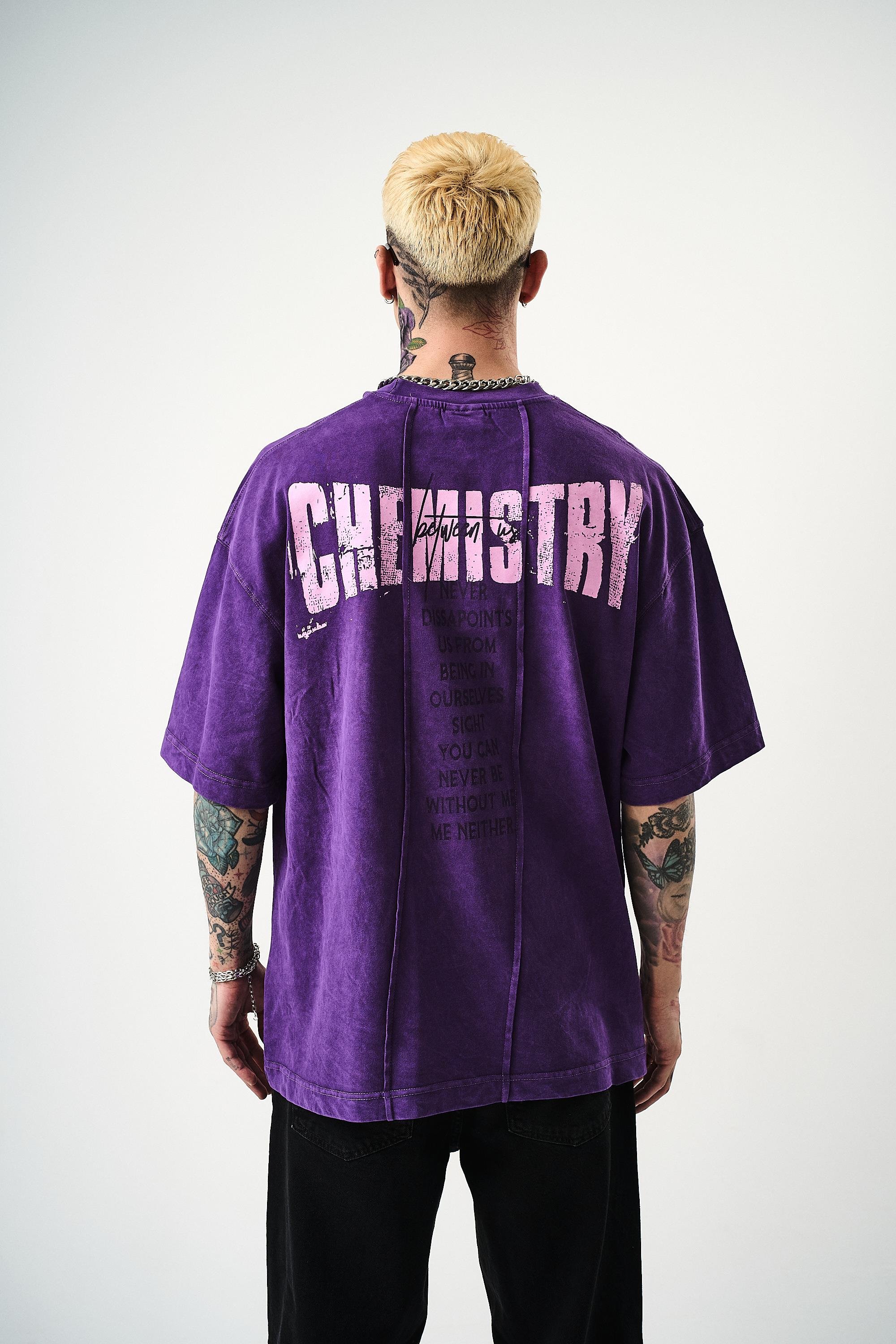 Erkek Chemistry Baskılı Yıkamalı Oversize T-Shirt Mor
