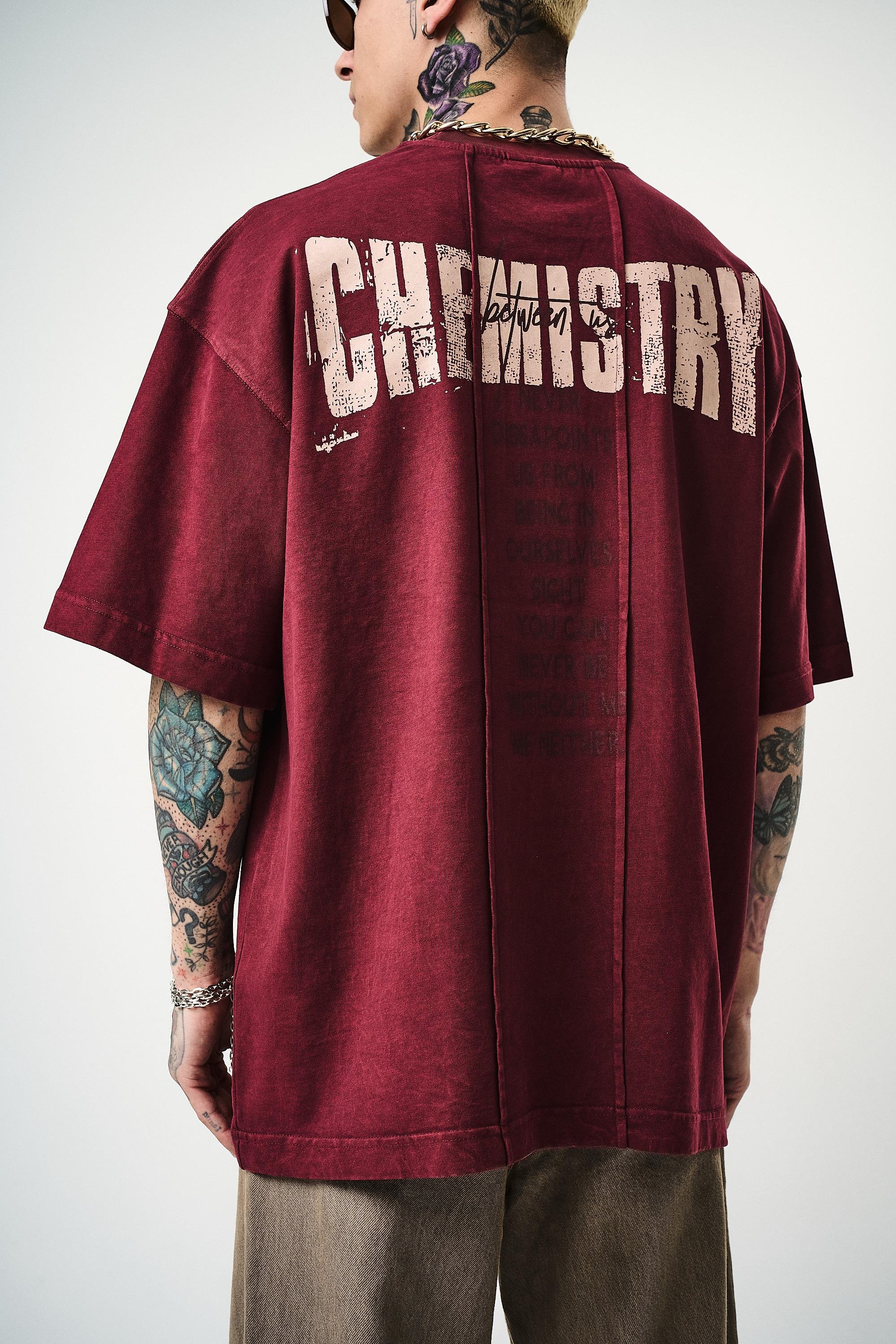 Erkek Chemistry Baskılı Yıkamalı Oversize T-Shirt Bordo