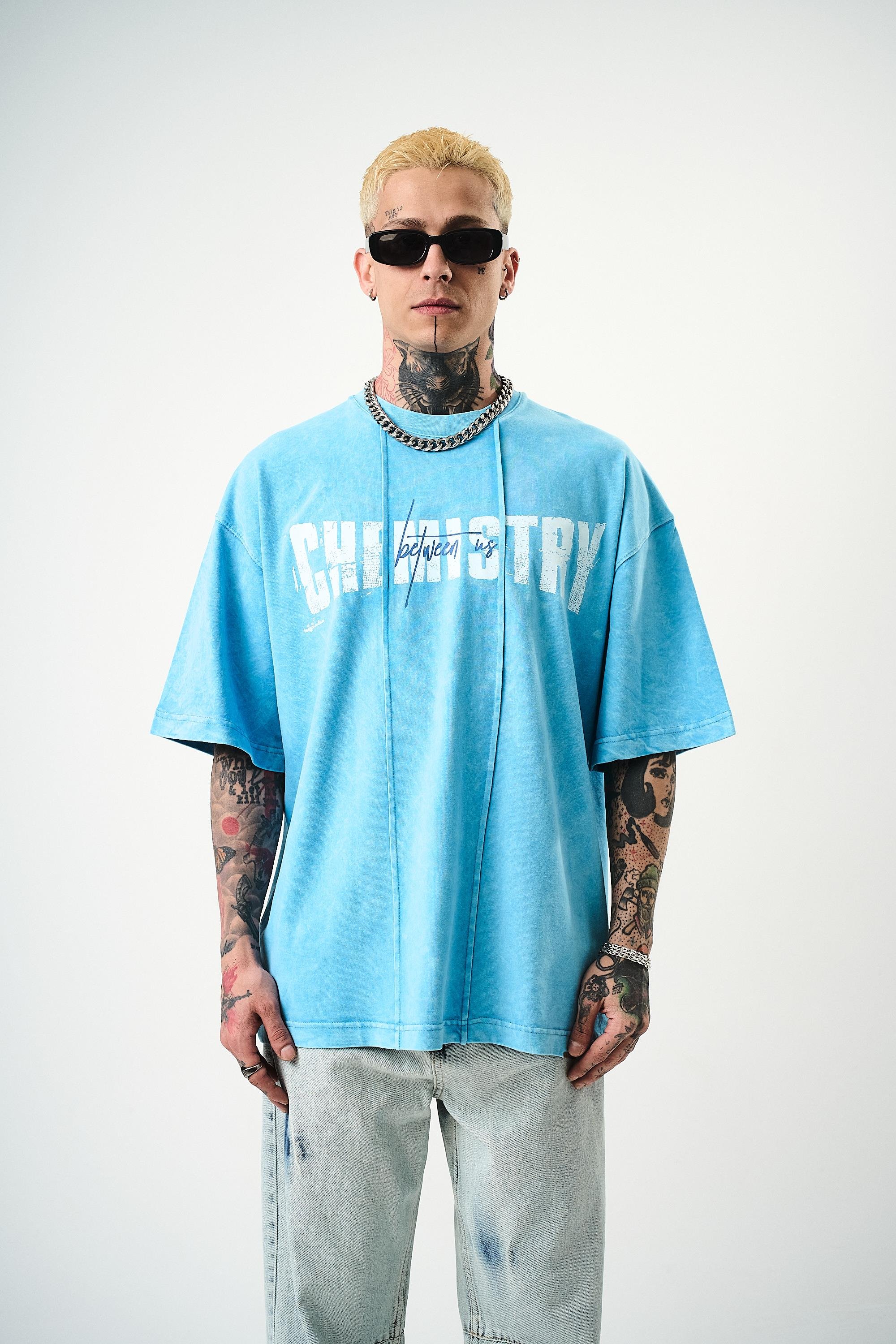 Erkek Chemistry Baskılı Yıkamalı Oversize T-Shirt Mavi