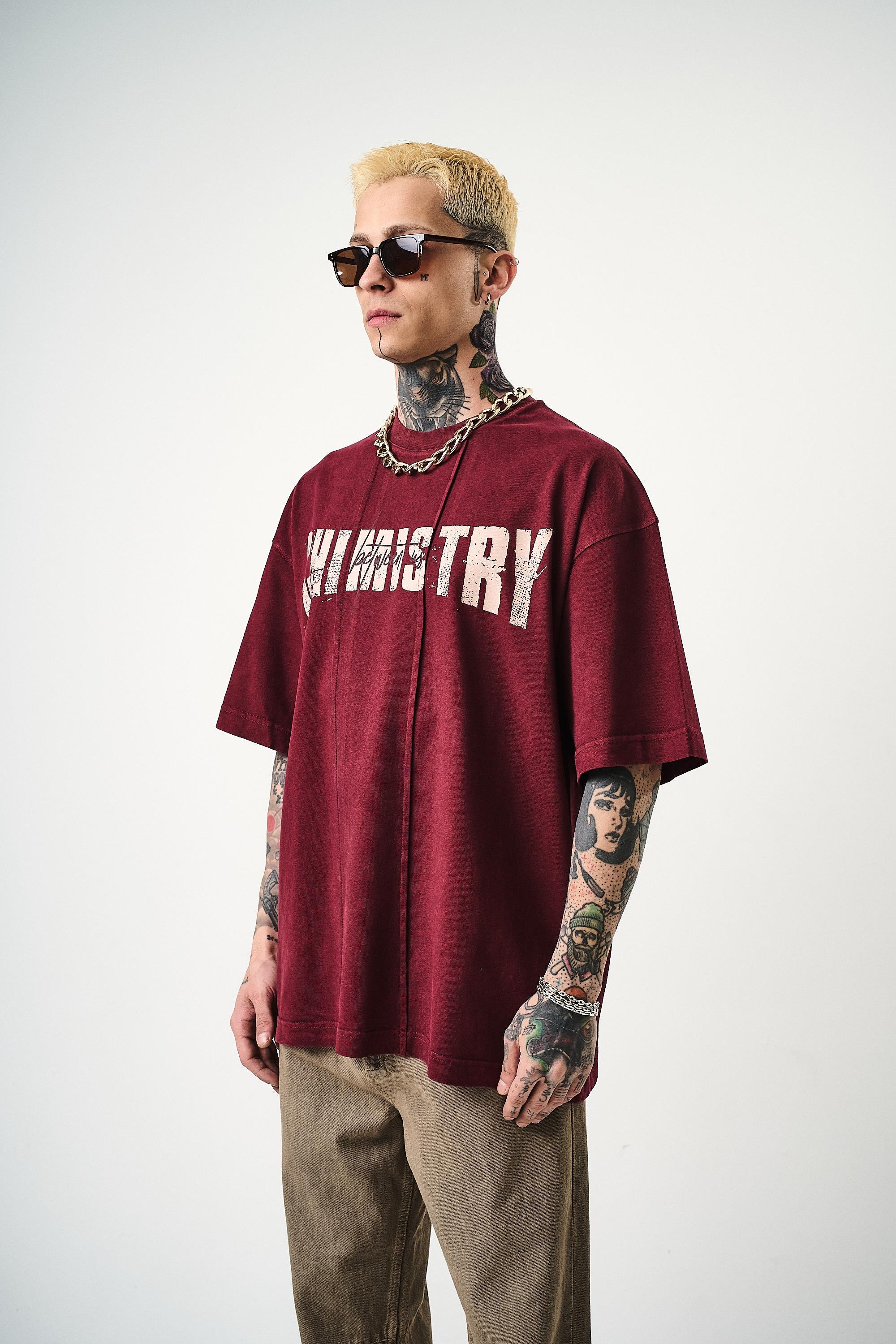 Erkek Chemistry Baskılı Yıkamalı Oversize T-Shirt Bordo