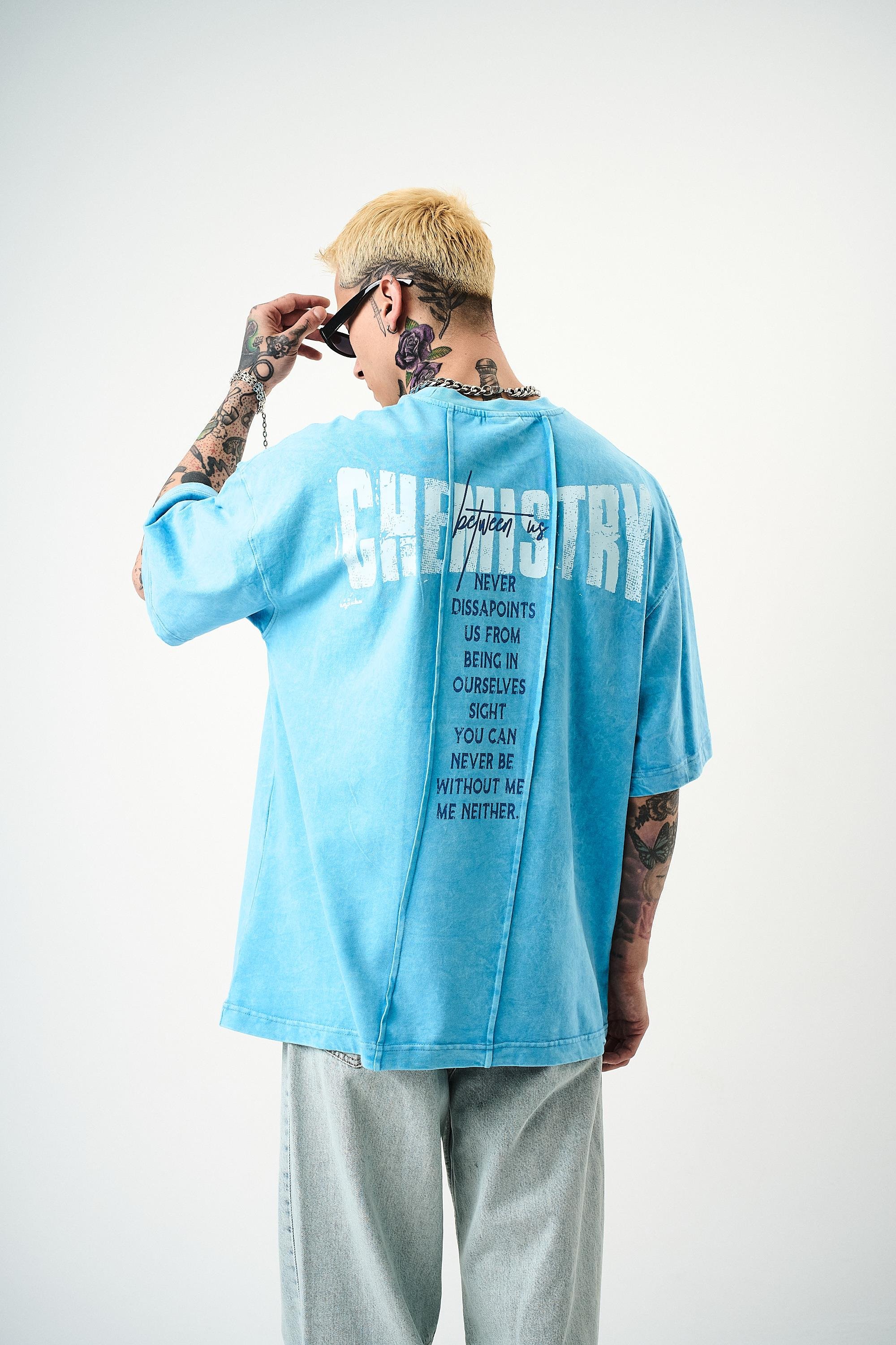 Erkek Chemistry Baskılı Yıkamalı Oversize T-Shirt Mavi