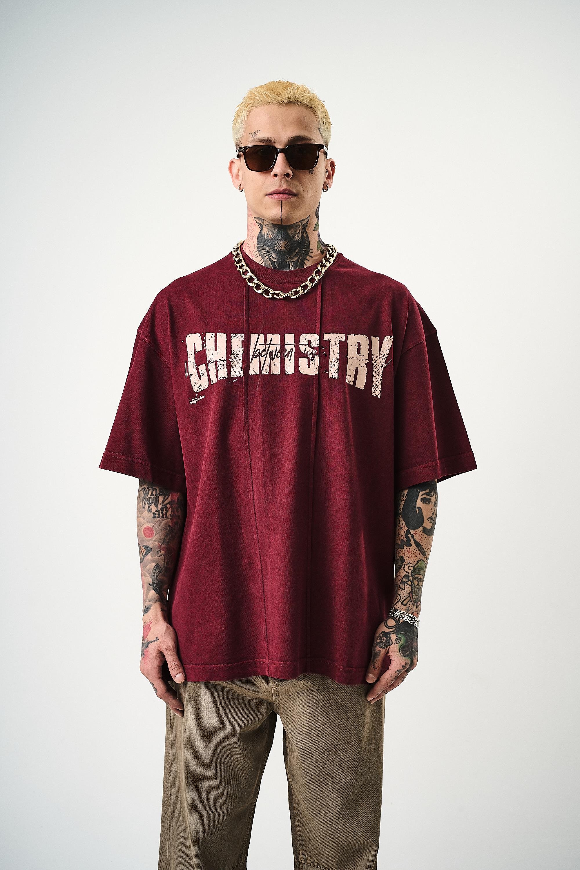 Erkek Chemistry Baskılı Yıkamalı Oversize T-Shirt Bordo