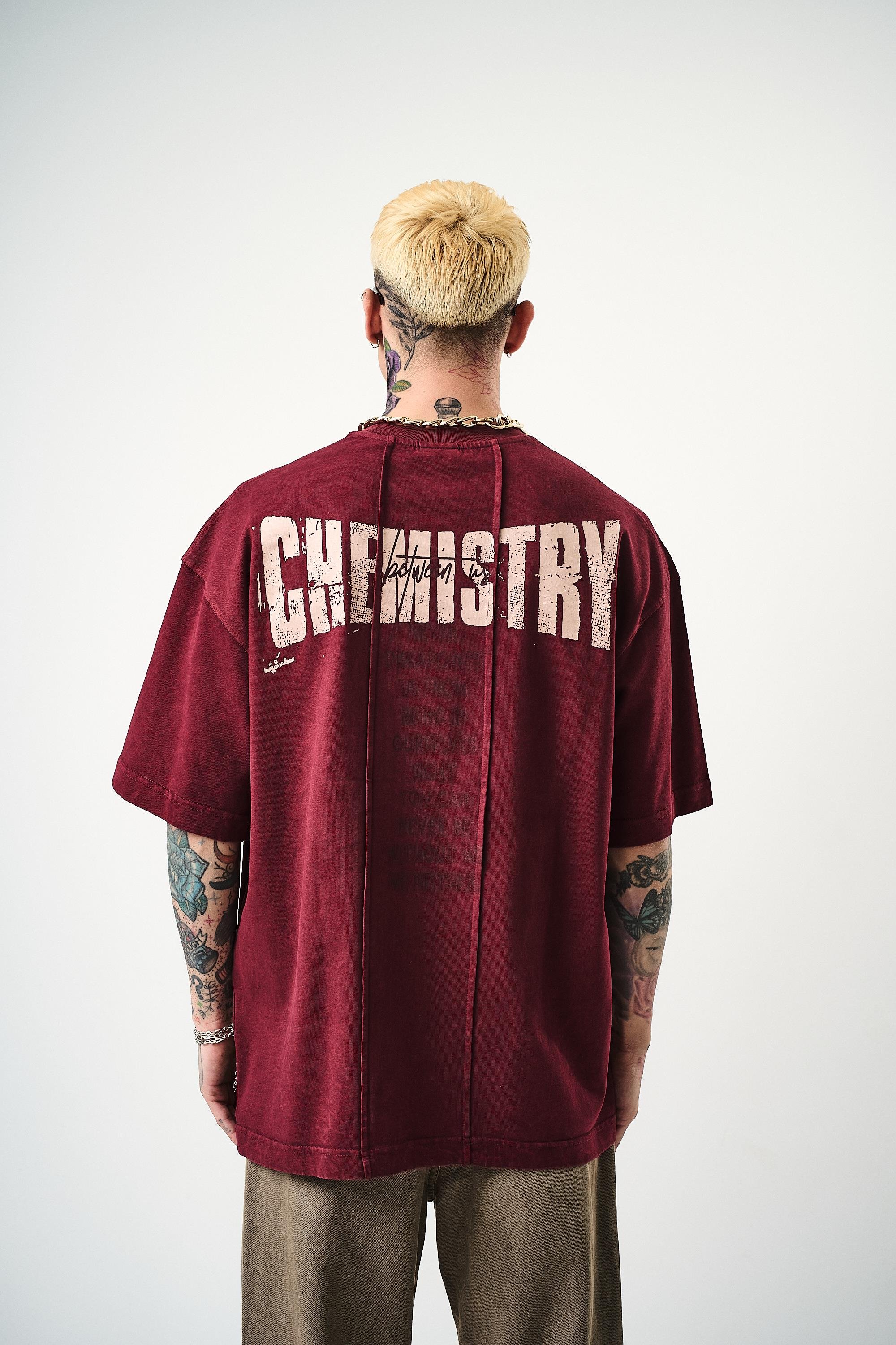 Erkek Chemistry Baskılı Yıkamalı Oversize T-Shirt Bordo