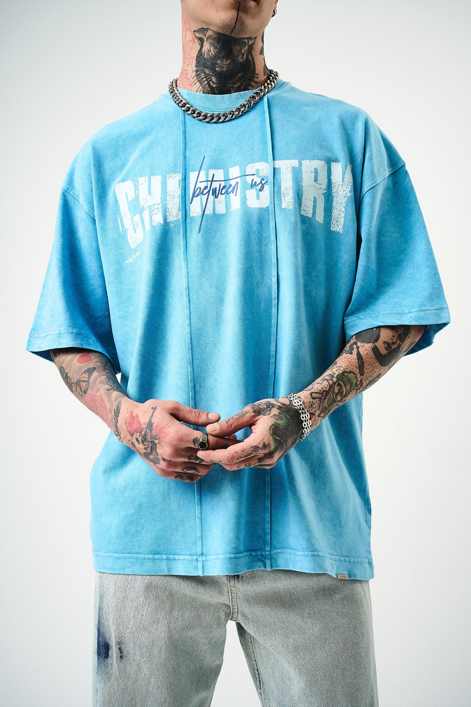 Erkek Chemistry Baskılı Yıkamalı Oversize T-Shirt Mavi