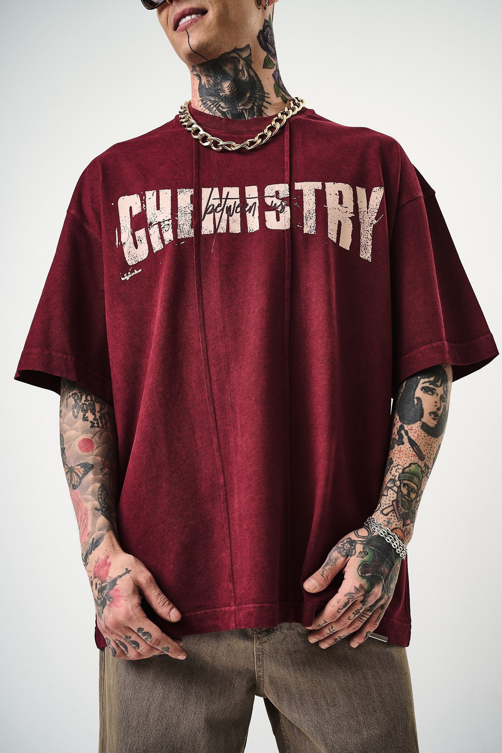 Erkek Chemistry Baskılı Yıkamalı Oversize T-Shirt Bordo