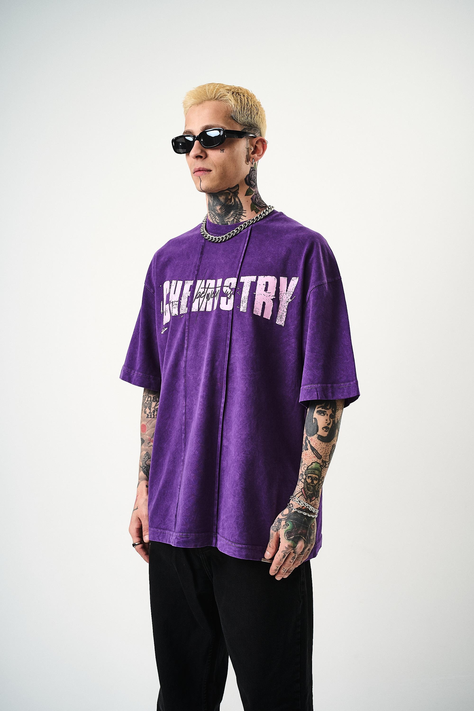 Erkek Chemistry Baskılı Yıkamalı Oversize T-Shirt Mor