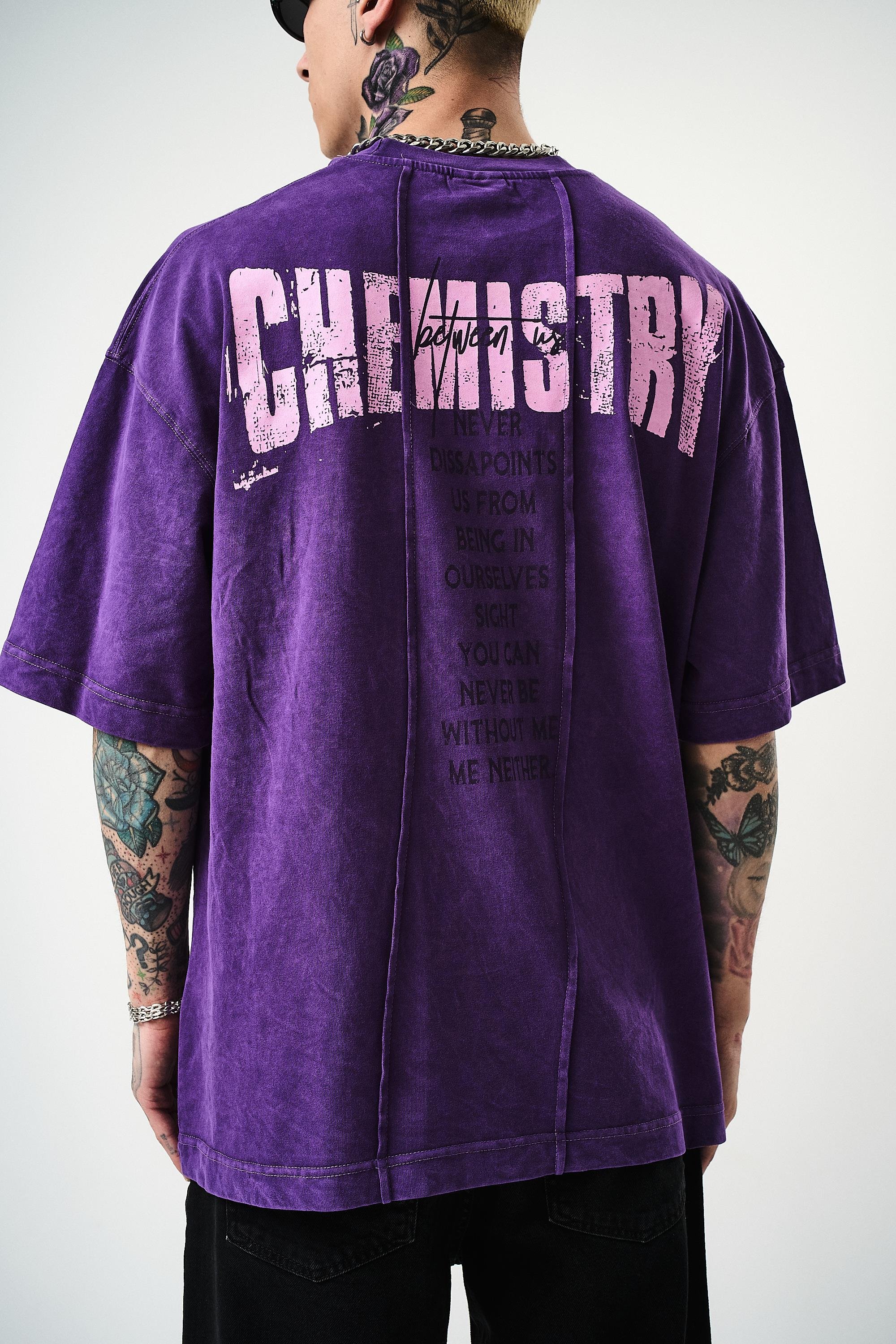Erkek Chemistry Baskılı Yıkamalı Oversize T-Shirt Mor
