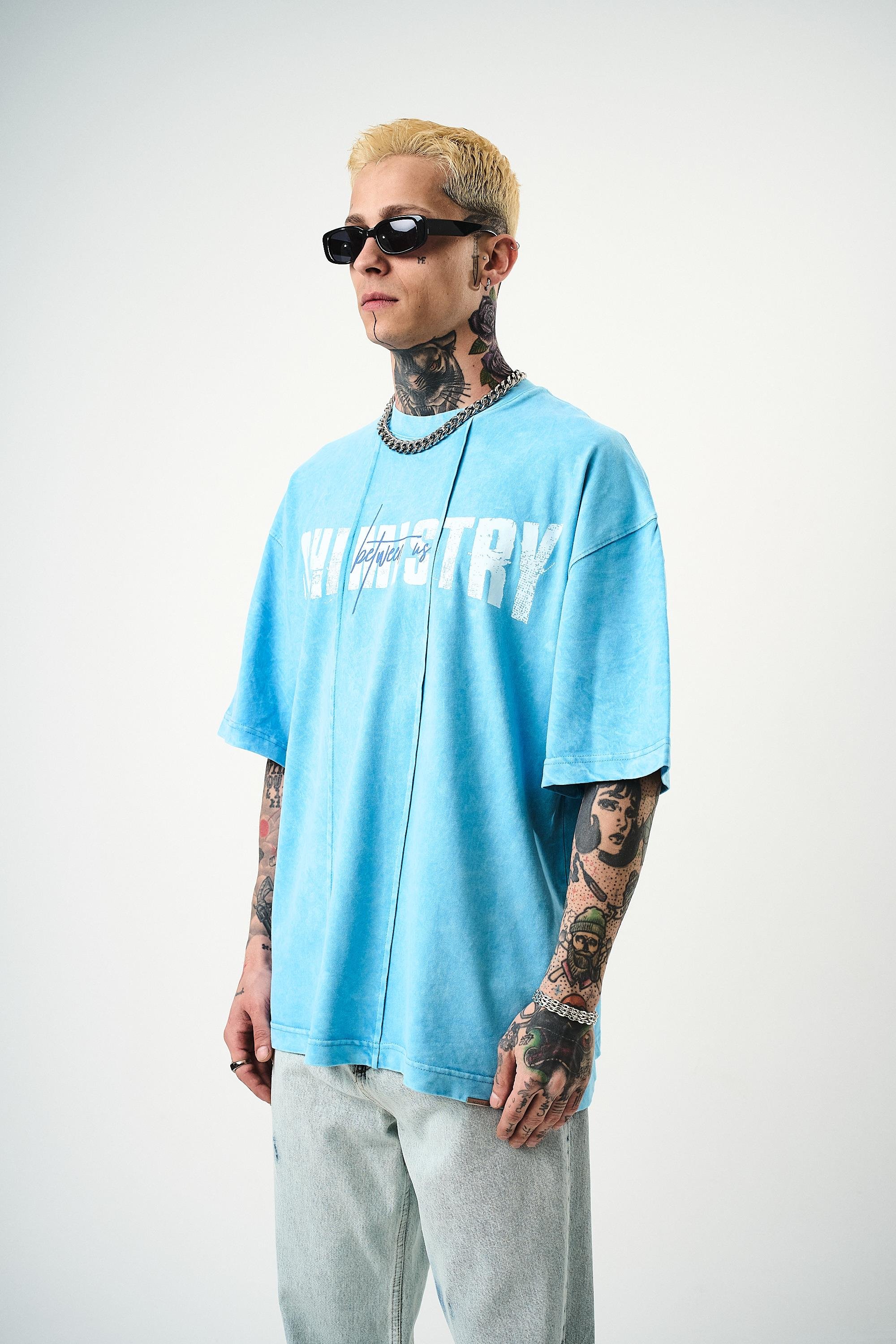 Erkek Chemistry Baskılı Yıkamalı Oversize T-Shirt Mavi