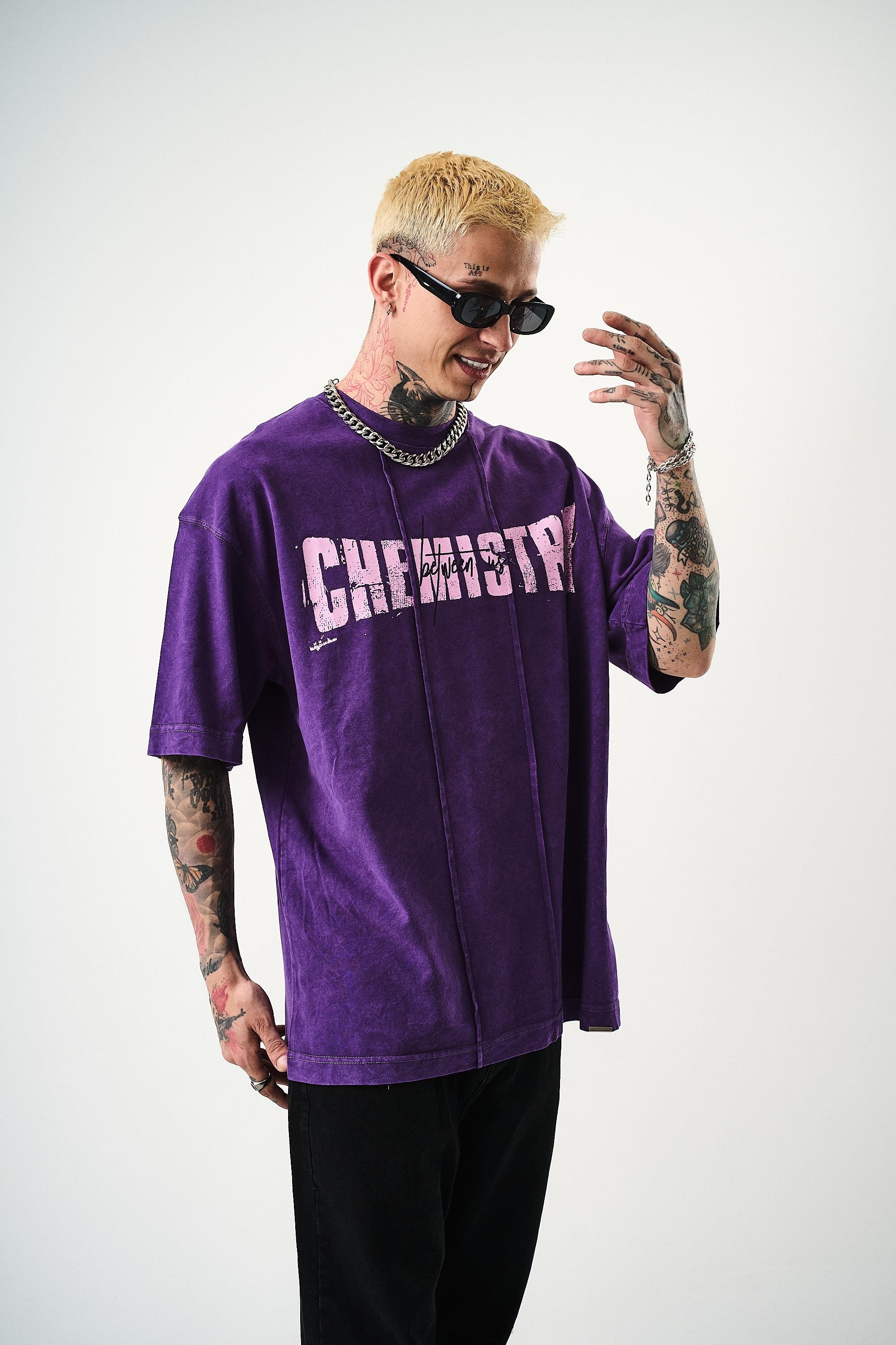 Erkek Chemistry Baskılı Yıkamalı Oversize T-Shirt Mor