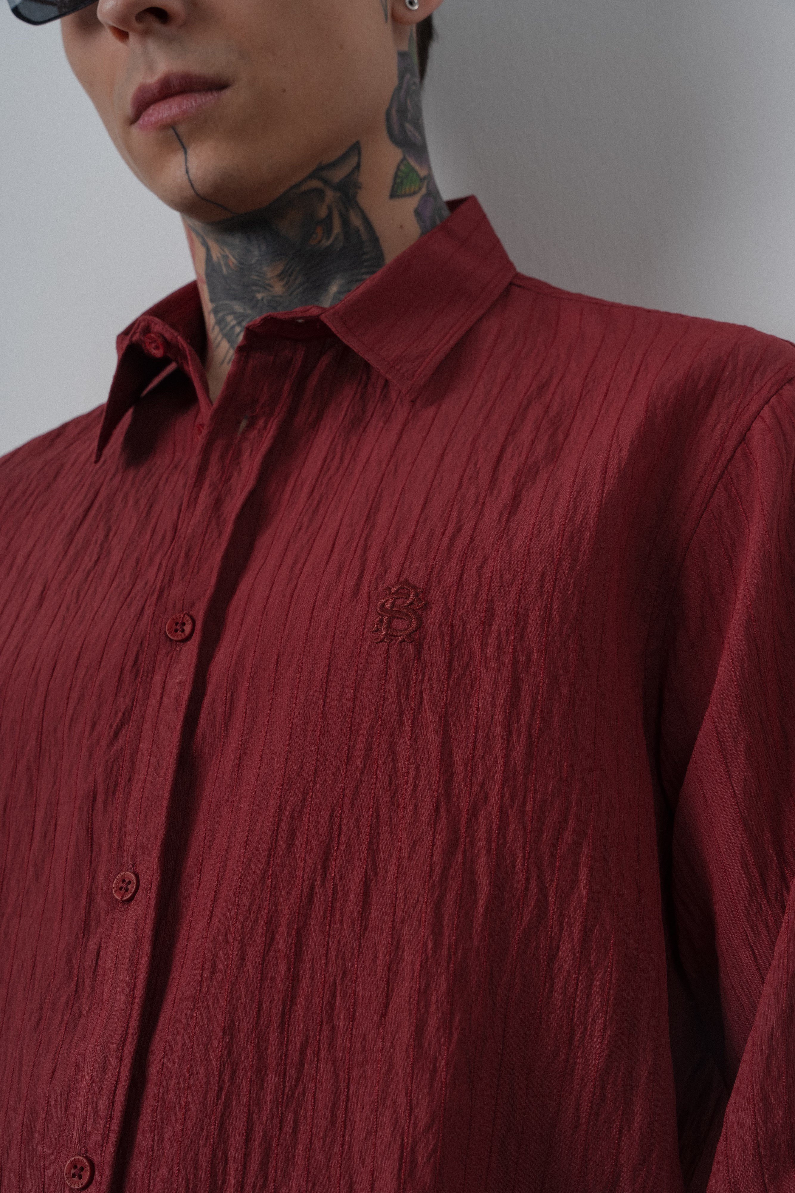 Erkek Çizgi Detaylı Uzun Kollu Oversize Gömlek Bordo