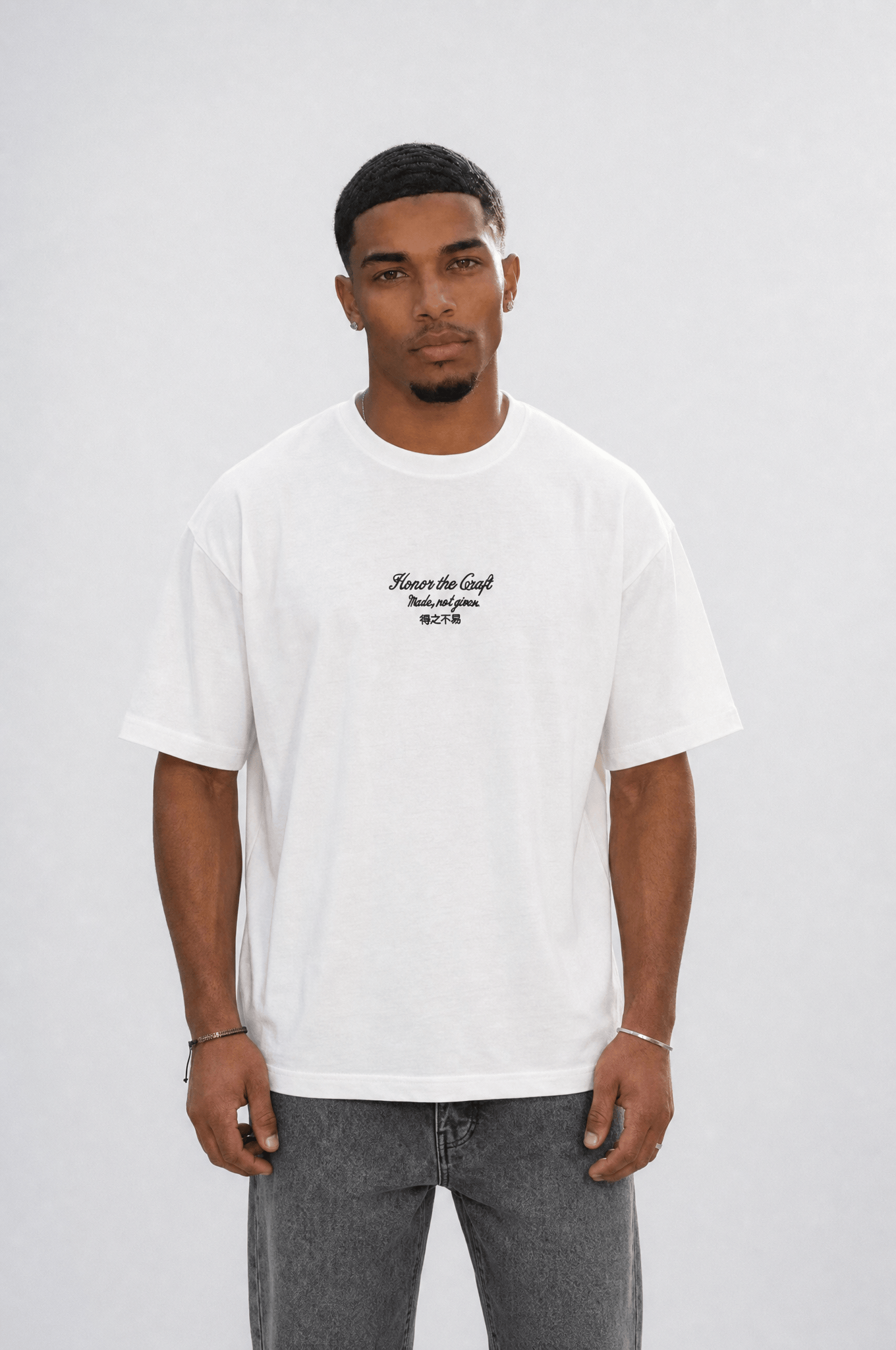 Erkek Craft Nakış Detaylı Oversize T-Shirt Ekru