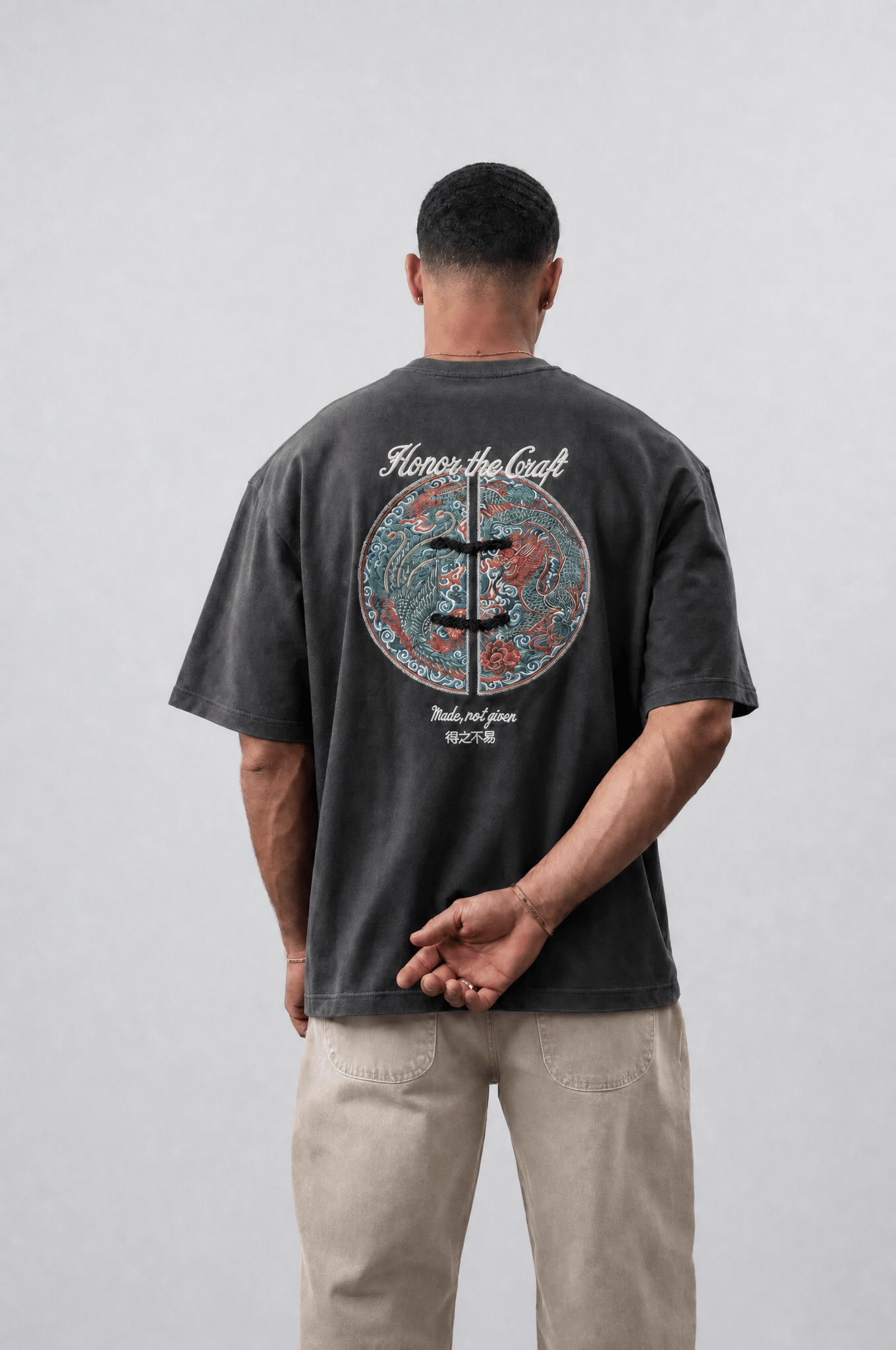 Erkek Craft Nakış Detaylı Oversize T-Shirt Füme