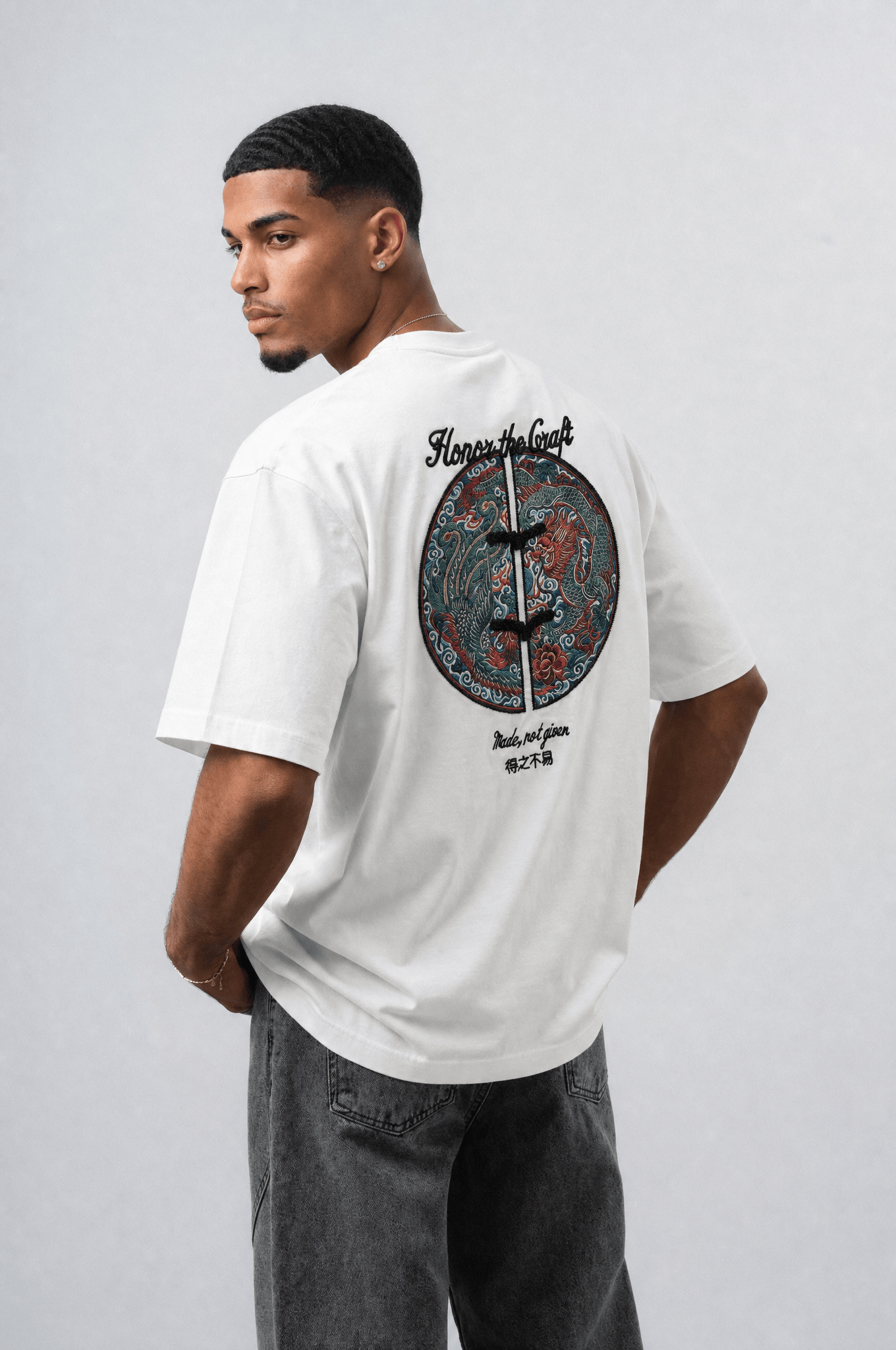 Erkek Craft Nakış Detaylı Oversize T-Shirt Ekru