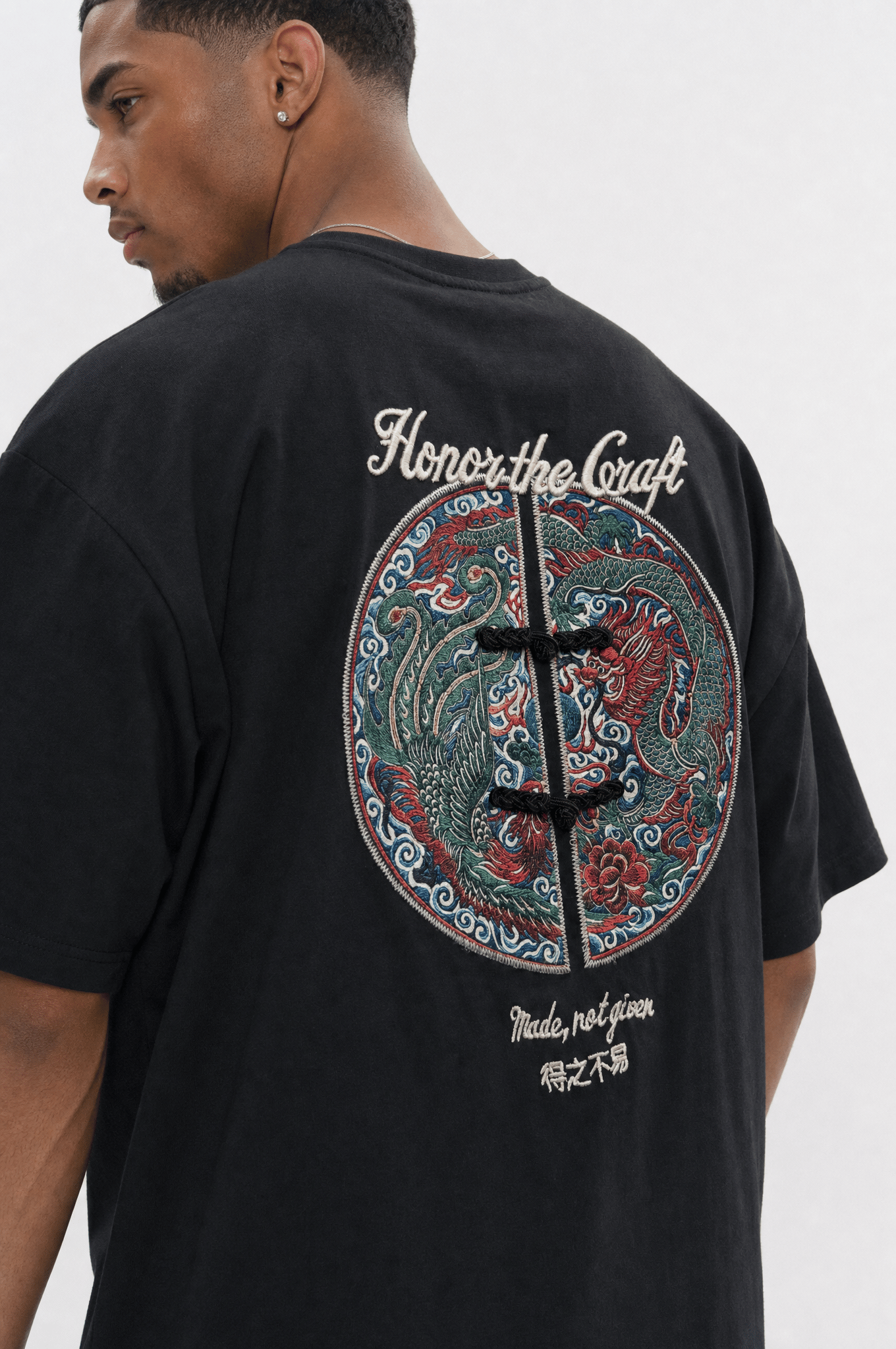 Erkek Craft Nakış Detaylı Oversize T-Shirt Siyah