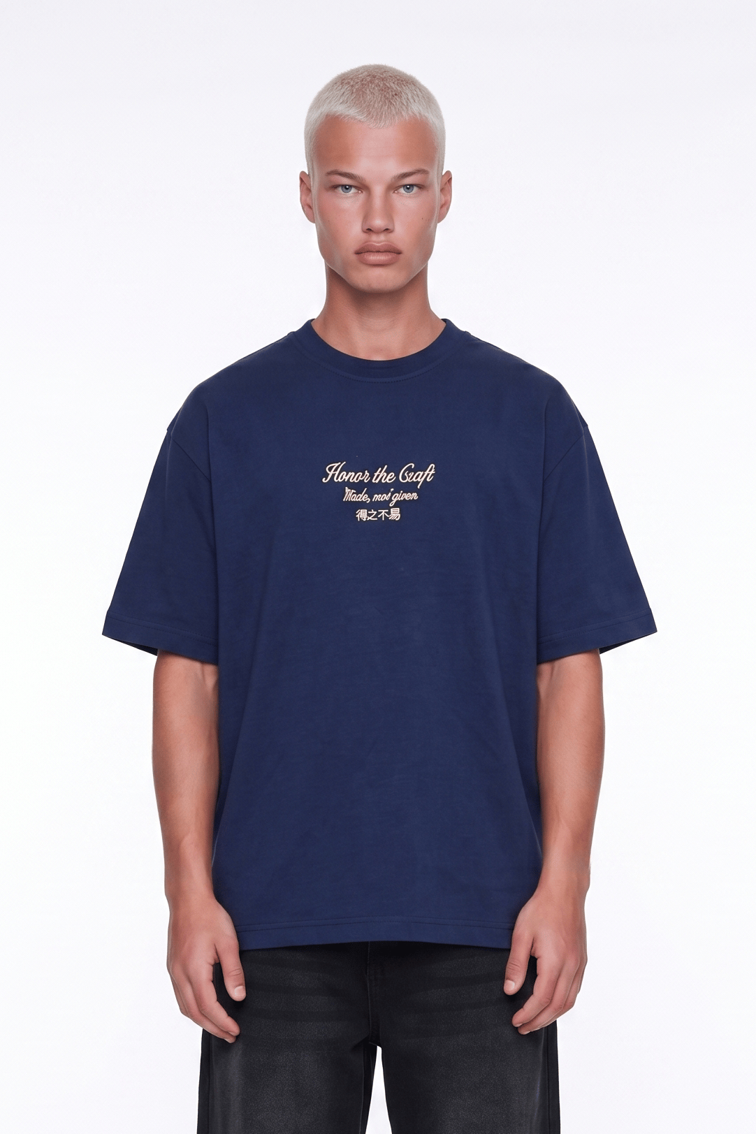 Erkek Craft Nakış Detaylı Oversize T-Shirt Lacivert
