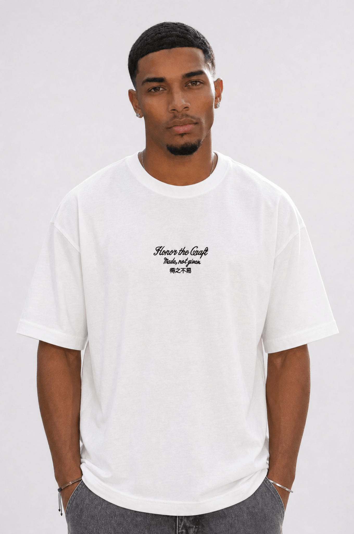 Erkek Craft Nakış Detaylı Oversize T-Shirt Ekru