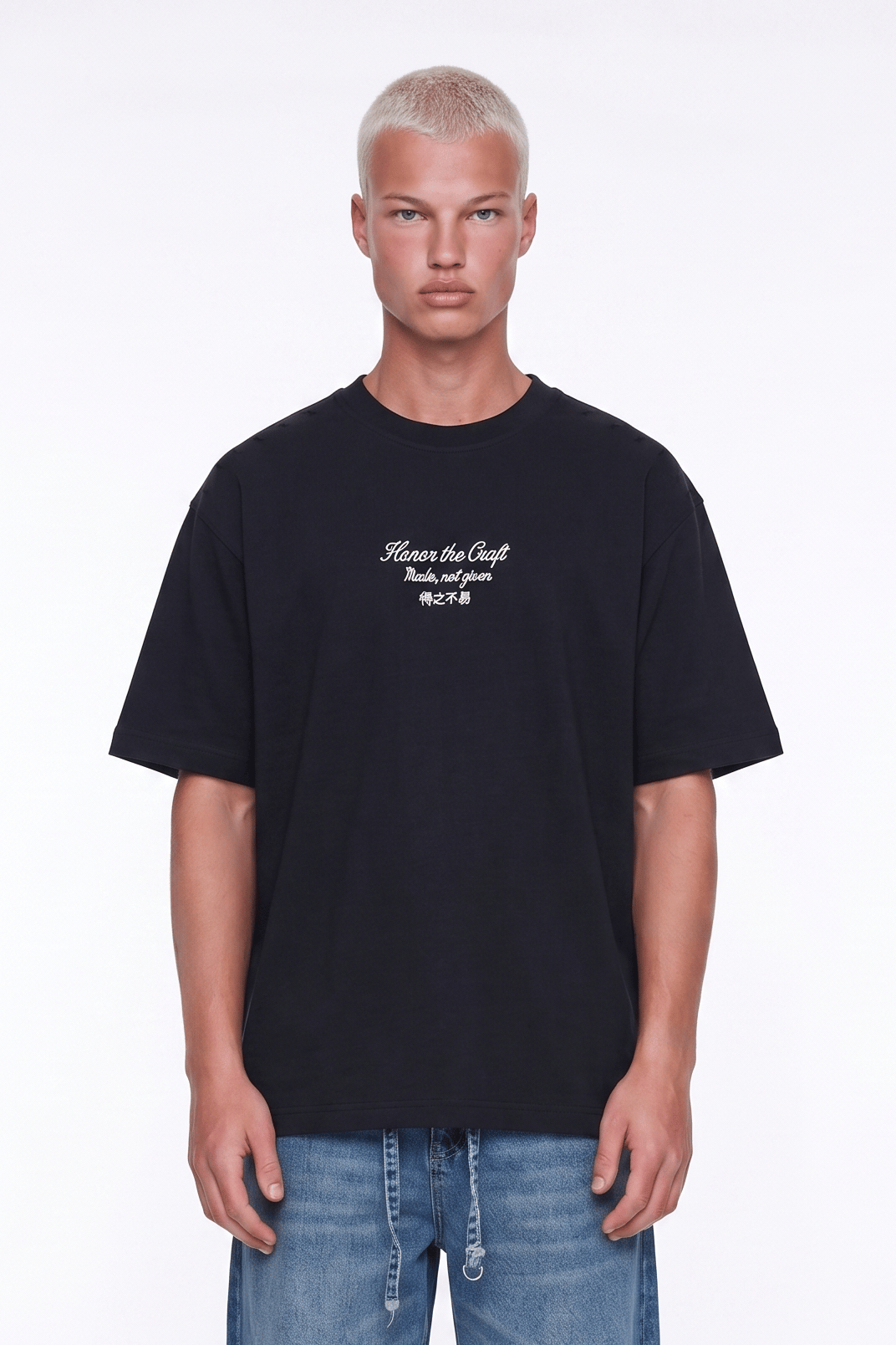Erkek Craft Nakış Detaylı Oversize T-Shirt Siyah