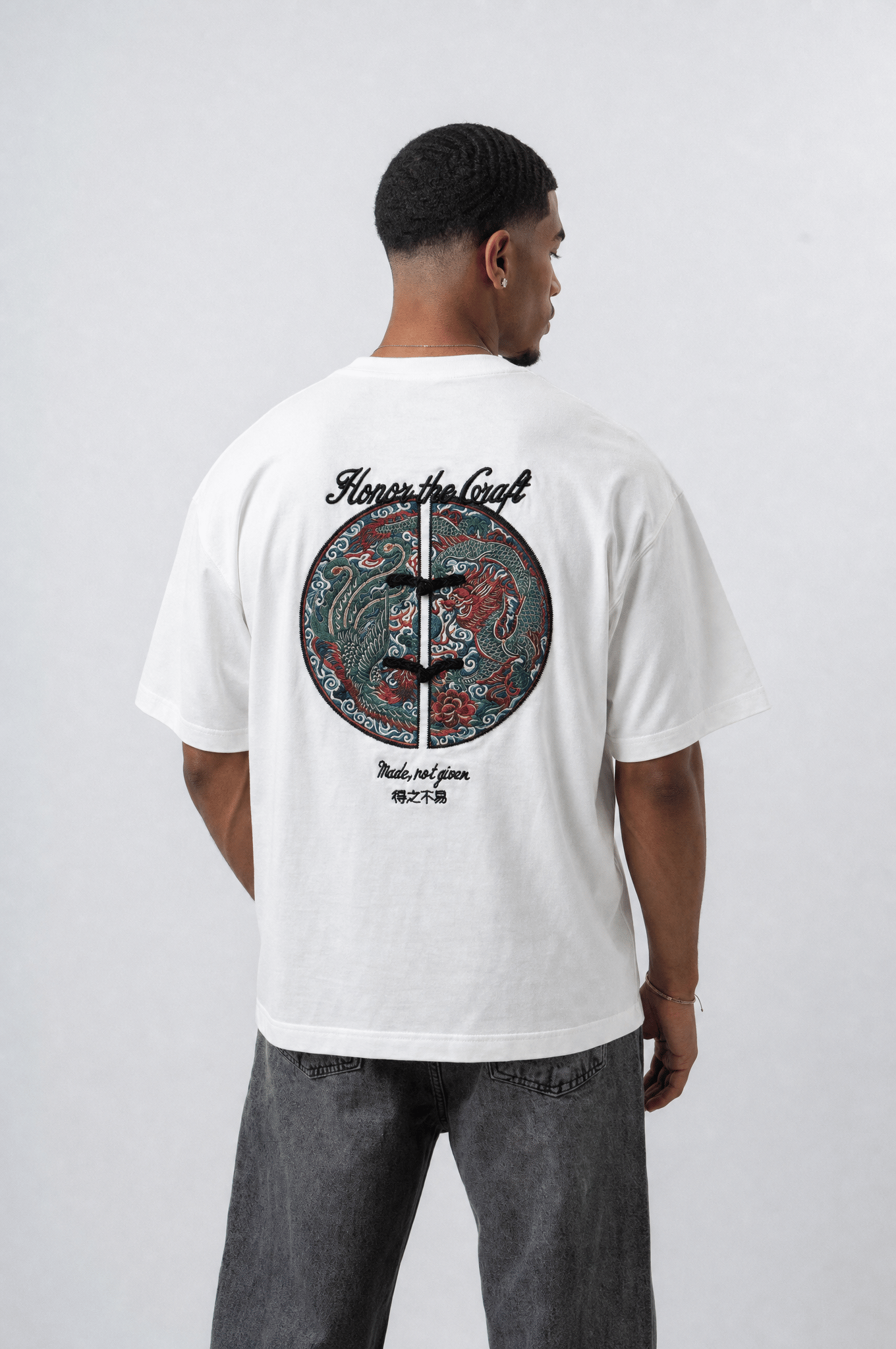 Erkek Craft Nakış Detaylı Oversize T-Shirt Ekru