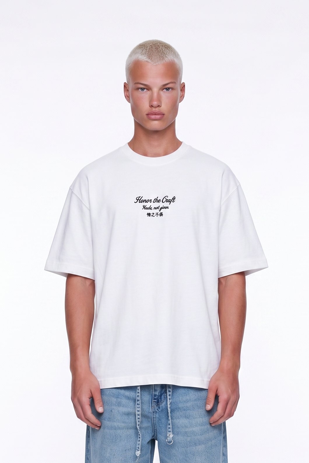 Erkek Craft Nakış Detaylı Oversize T-Shirt Ekru